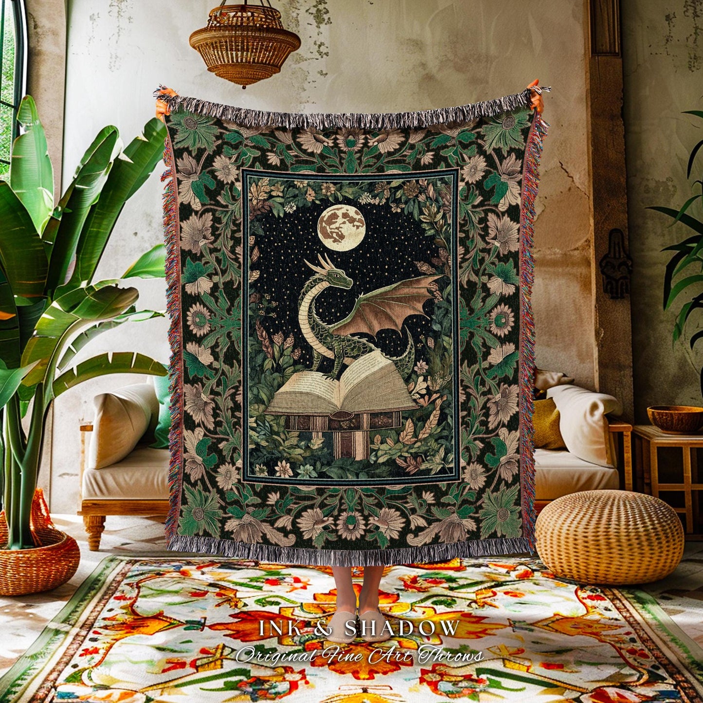 Medieval Library Cozy Reading Blanket | Dragon Aesthetic Whimsigothic Dark Academia Decor for Book Nook Crowcore Fairytale Bedroom Victorian