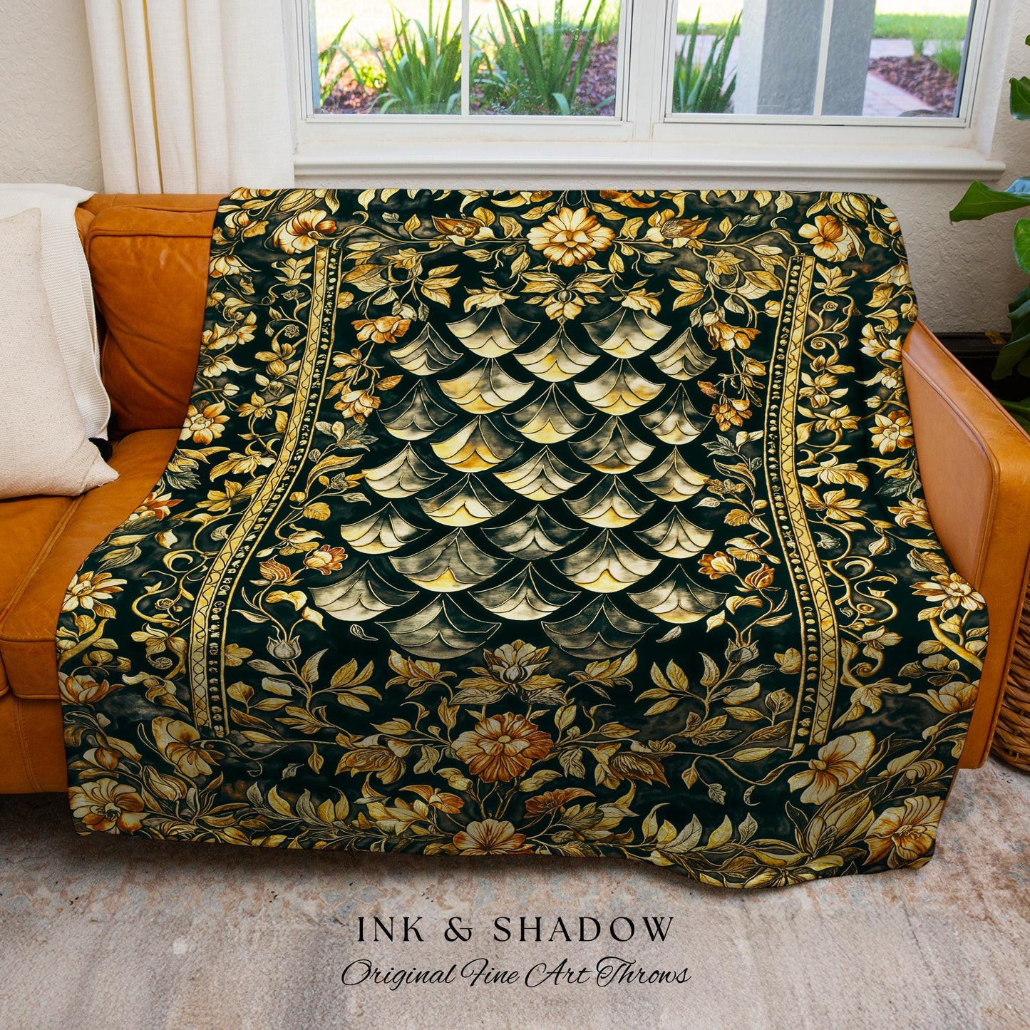 Gothic Dragon Scale Ornate Throw Blanket | Eclectic Dark Academia Home Woven Tapestry Whimsical Moody Botanical Golden Aesthetic Fantasy |