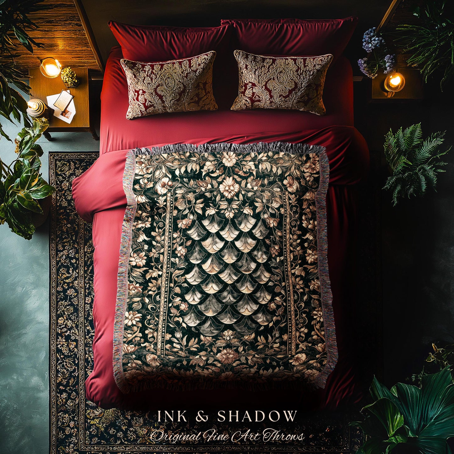 Gothic Dragon Scale Ornate Throw Blanket | Eclectic Dark Academia Home Woven Tapestry Whimsical Moody Botanical Golden Aesthetic Fantasy |