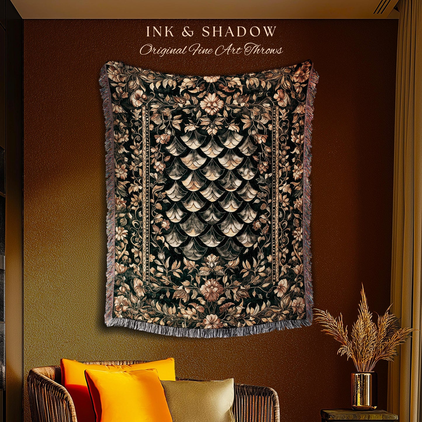 Gothic Dragon Scale Ornate Throw Blanket | Eclectic Dark Academia Home Woven Tapestry Whimsical Moody Botanical Golden Aesthetic Fantasy |