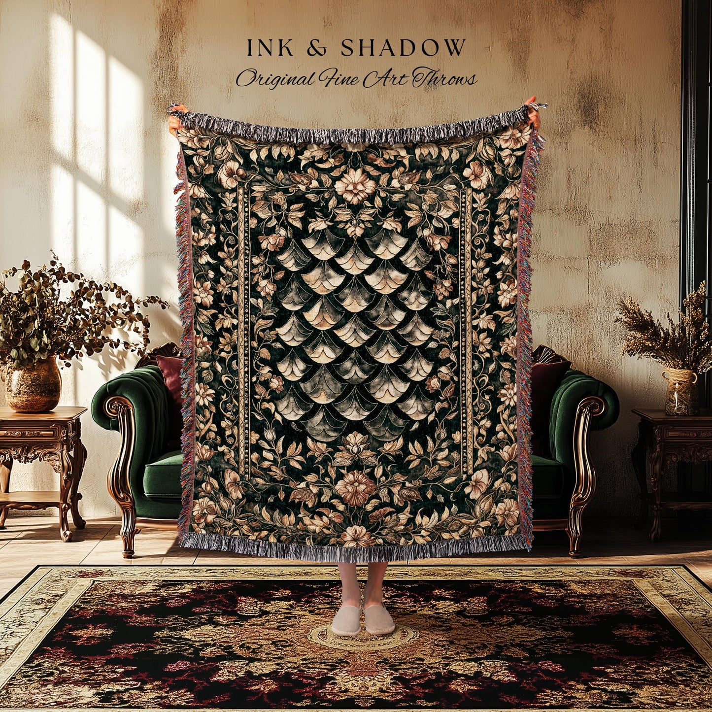 Gothic Dragon Scale Ornate Throw Blanket | Eclectic Dark Academia Home Woven Tapestry Whimsical Moody Botanical Golden Aesthetic Fantasy |