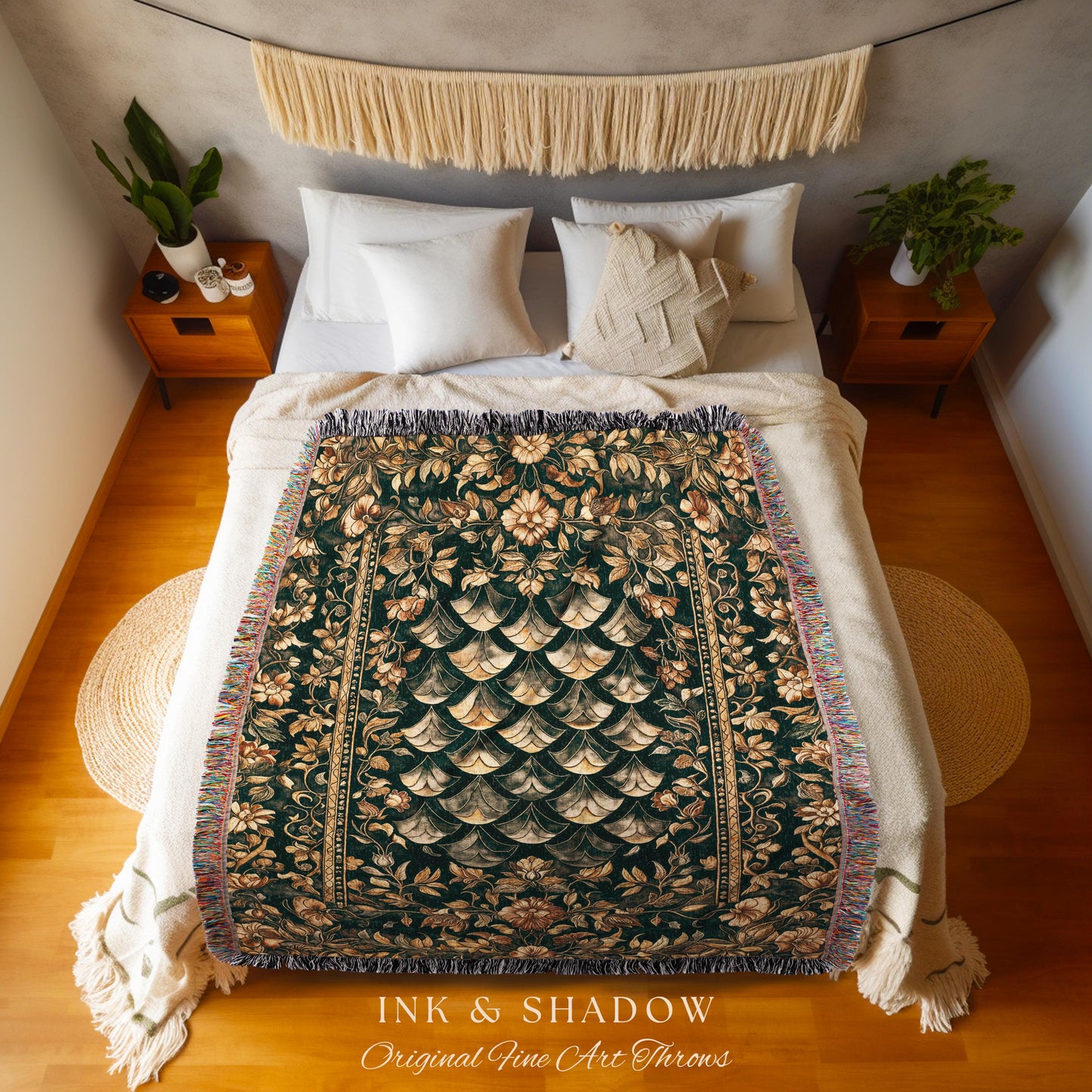Gothic Dragon Scale Ornate Throw Blanket | Eclectic Dark Academia Home Woven Tapestry Whimsical Moody Botanical Golden Aesthetic Fantasy |