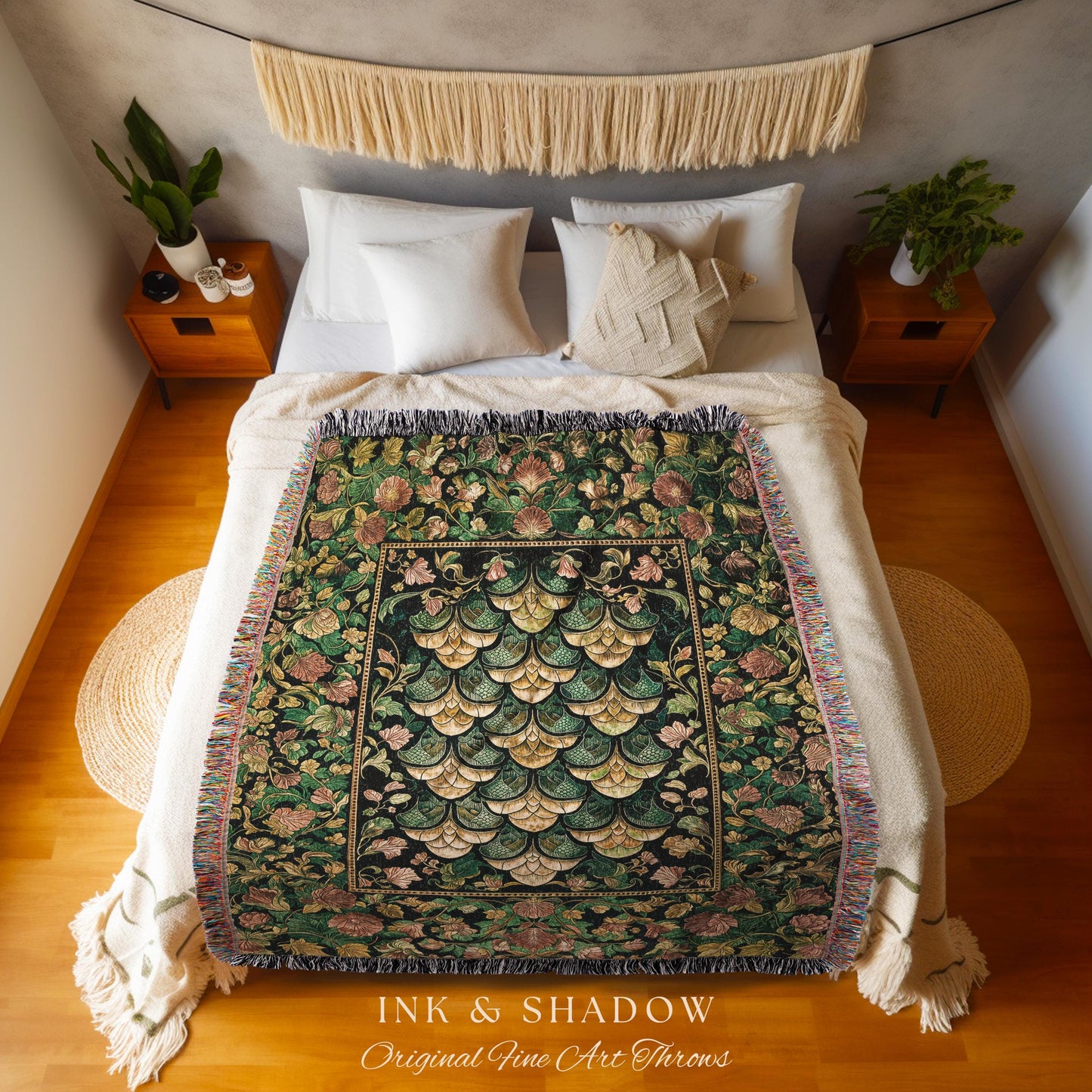 Moody Mysticism Dragon Scale Tapestry | Dark Cottagecore Magical Medieval Woven Blanket Ornate Victorian Fantasy Aesthetic Book Nook Throw |