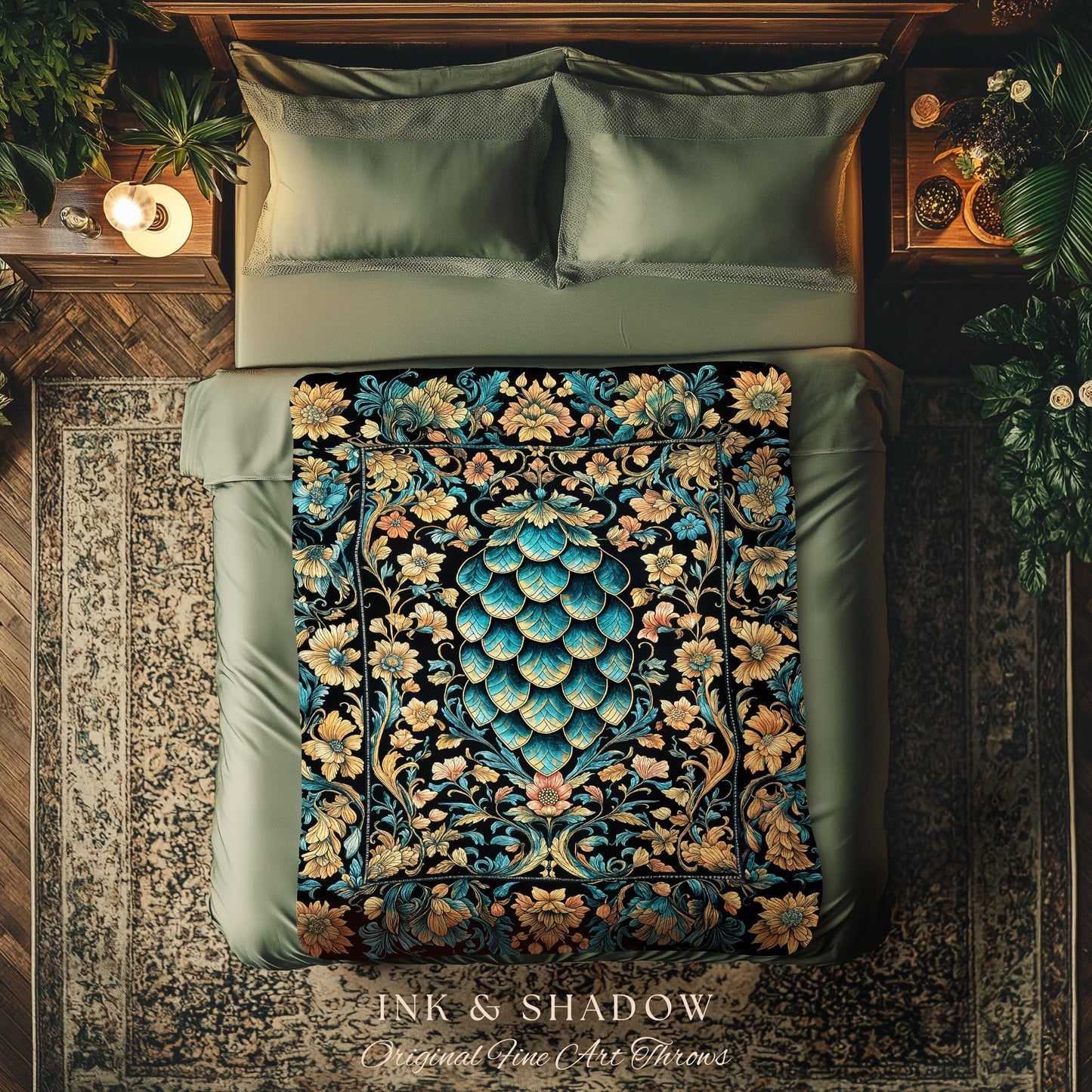 Arcane Elegance Enchanted Tapestry | Dark Academia Whimsical Gothic Fantasy Throw Blanket Ornate Medieval Botanical Dragon Scale Ethereal |