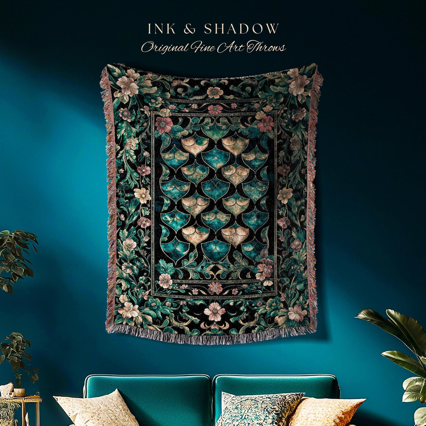 Gothic Teal Dragon Scale Woven Tapestry | Ethereal Aesthetic Fairycore Elegance Throw Blanket Mystic Storybook Dark Academia Bedding Moody |