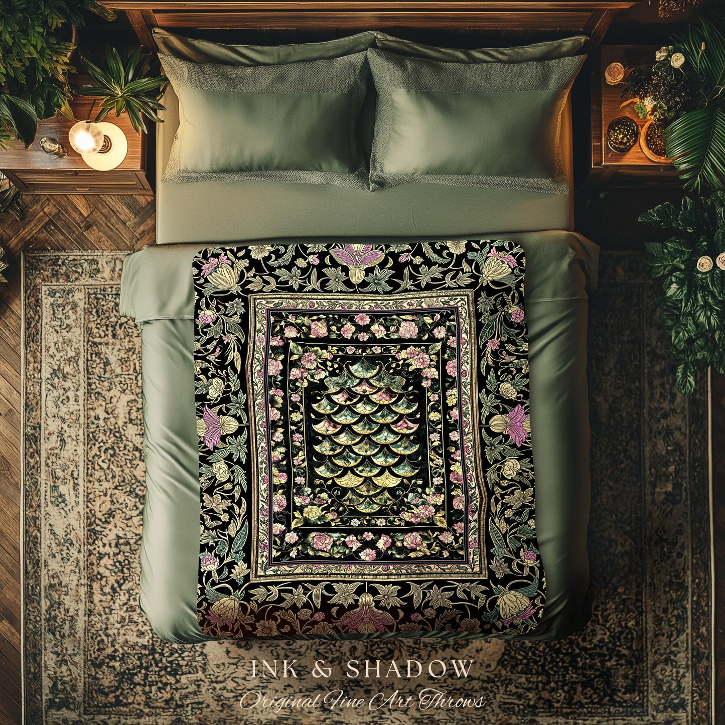 Witchy Mystic Dragon Scale Blanket | Gothic Baroque Dark Academia Pastel Floral Woven Tapestry Maximalist Ornate Eclectic Art Deco Decor |