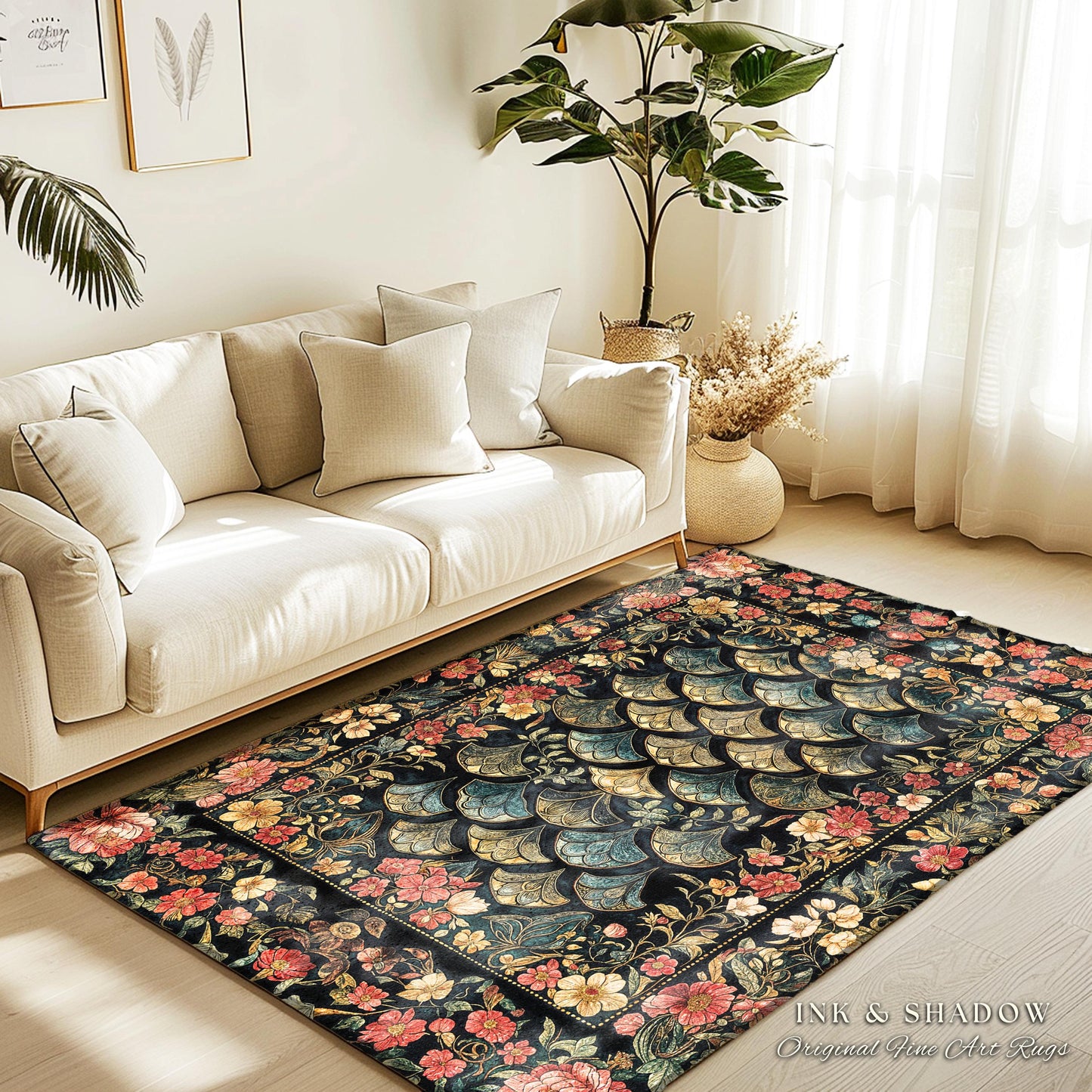 Floral Fantasy Fairytale Whimsical Dragon Scale Accent Rug | Ethereal Botanical Medieval Academia Art Decorative Floor Mat Fairycore Decor