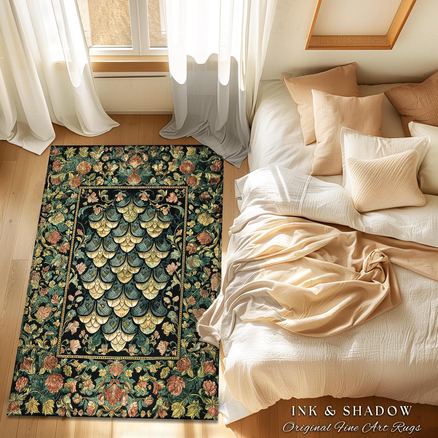 Moody Mysticism Dragon Scale Accent Rug | Dark Cottagecore Magical Medieval Area Rug Ornate Victorian Fantasy Aesthetic Book Nook Home Decor