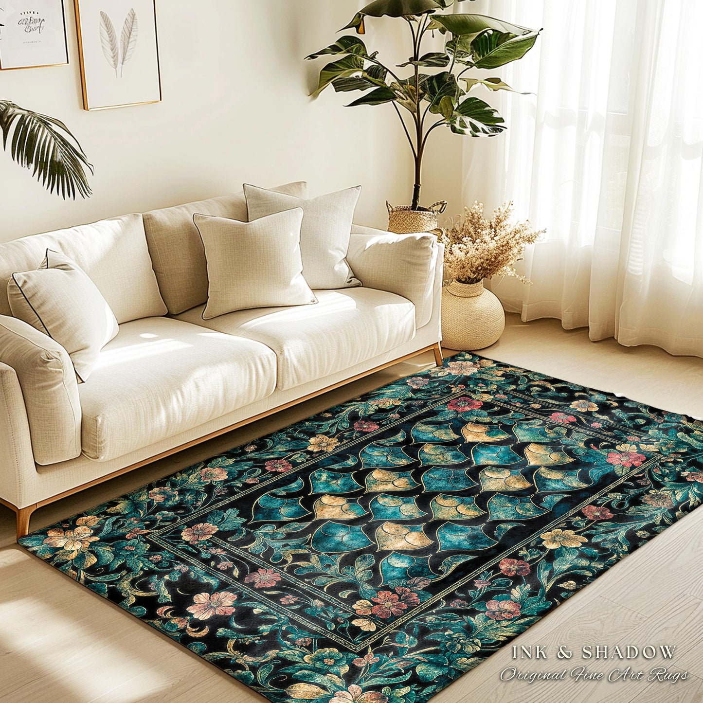 Gothic Teal Dragon Scale Area Rug | Ethereal Aesthetic Fairycore Elegance Home Accent Rug Mystic Storybook Dark Academia Bedroom Moody Decor