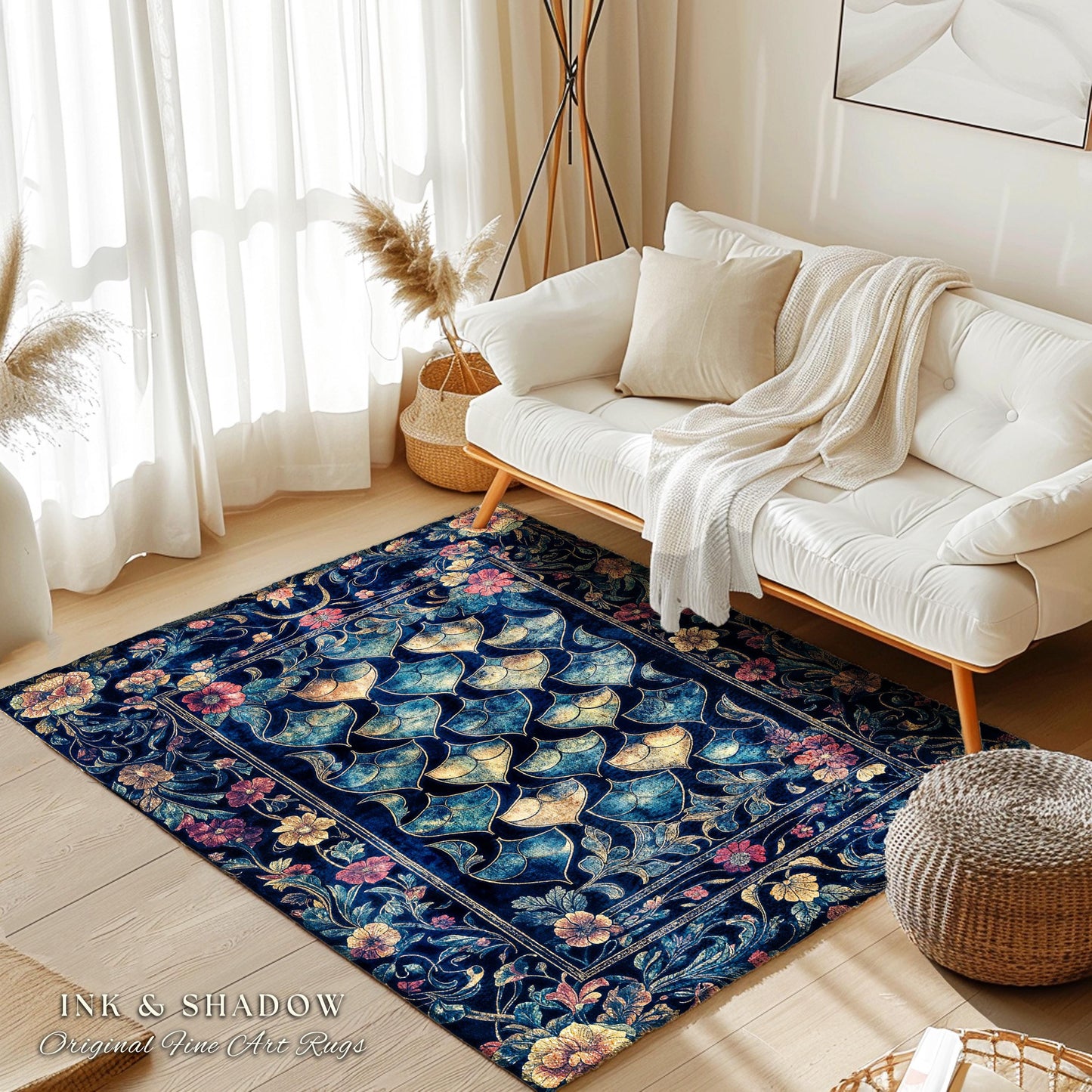Medieval Dragon Scale Victorian Rug | Dark Navy Blue Gothic Dark Academia Aesthetic Fairytale Home Decor Enchanted Ornate Whimsical Floral |