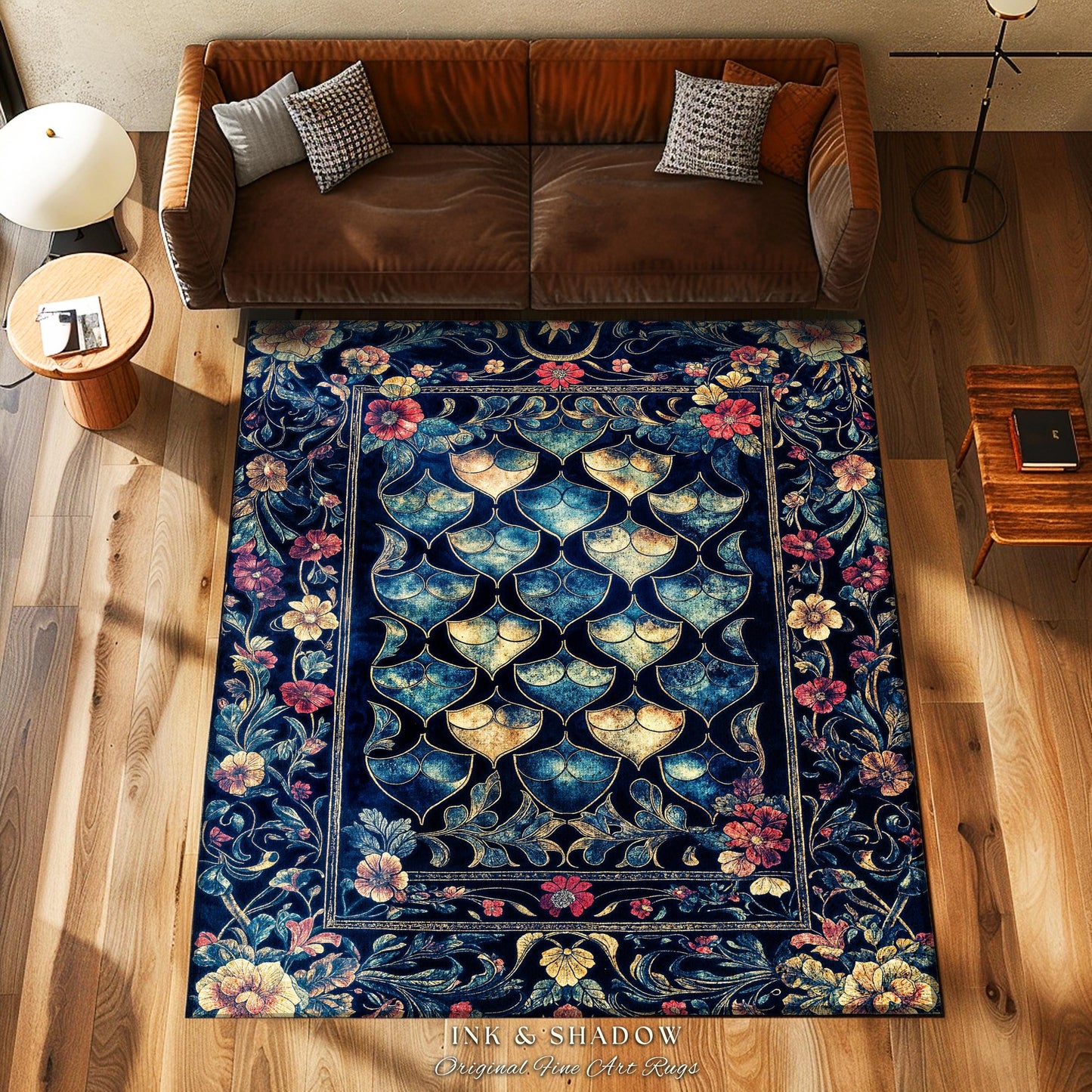 Medieval Dragon Scale Victorian Rug | Dark Navy Blue Gothic Dark Academia Aesthetic Fairytale Home Decor Enchanted Ornate Whimsical Floral |