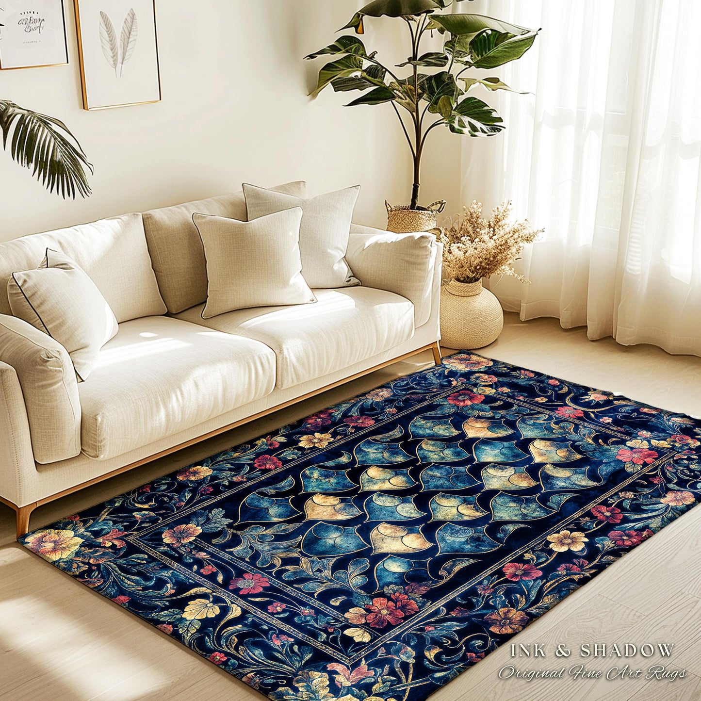 Medieval Dragon Scale Victorian Rug | Dark Navy Blue Gothic Dark Academia Aesthetic Fairytale Home Decor Enchanted Ornate Whimsical Floral |