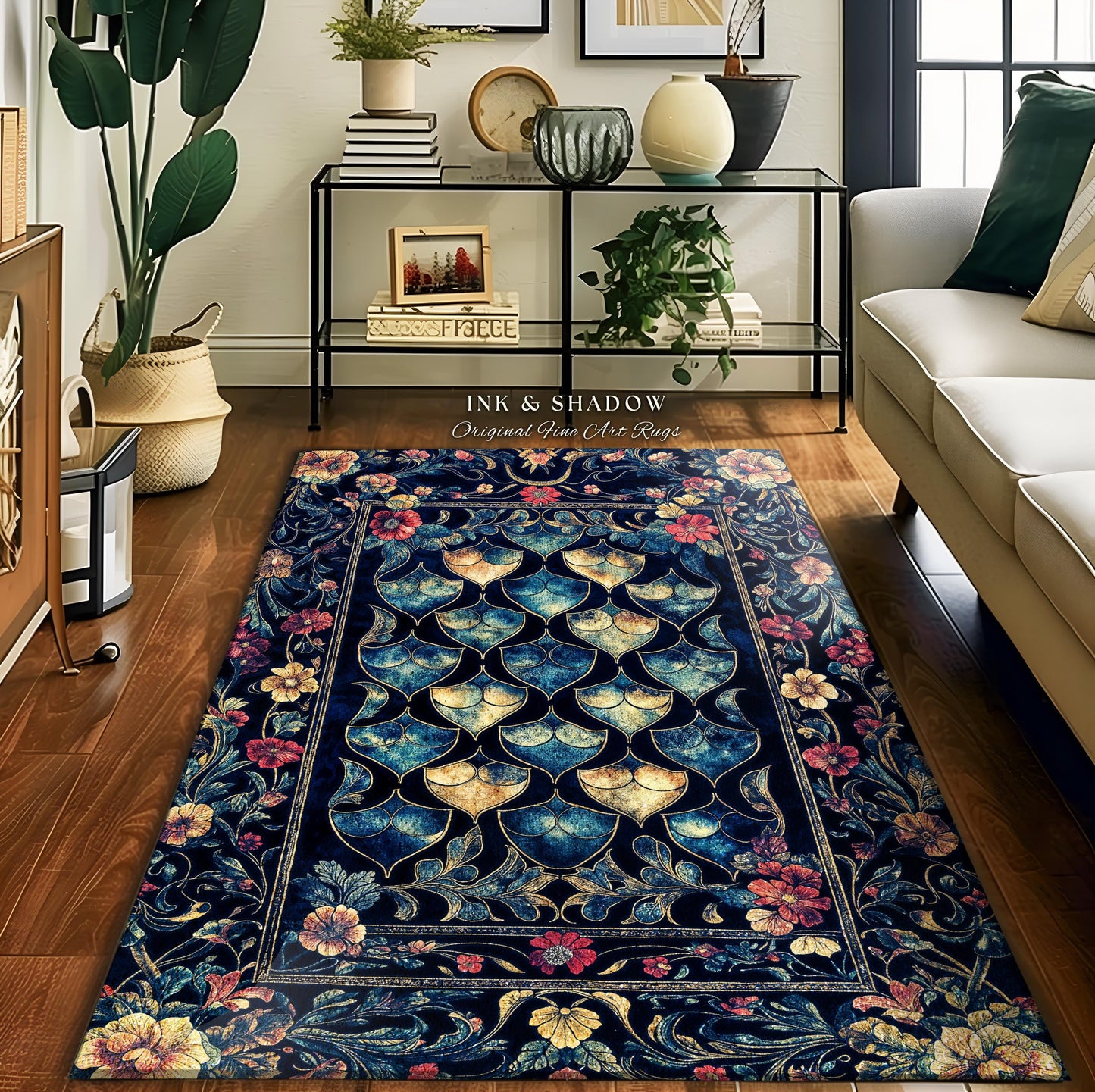Medieval Dragon Scale Victorian Rug | Dark Navy Blue Gothic Dark Academia Aesthetic Fairytale Home Decor Enchanted Ornate Whimsical Floral |