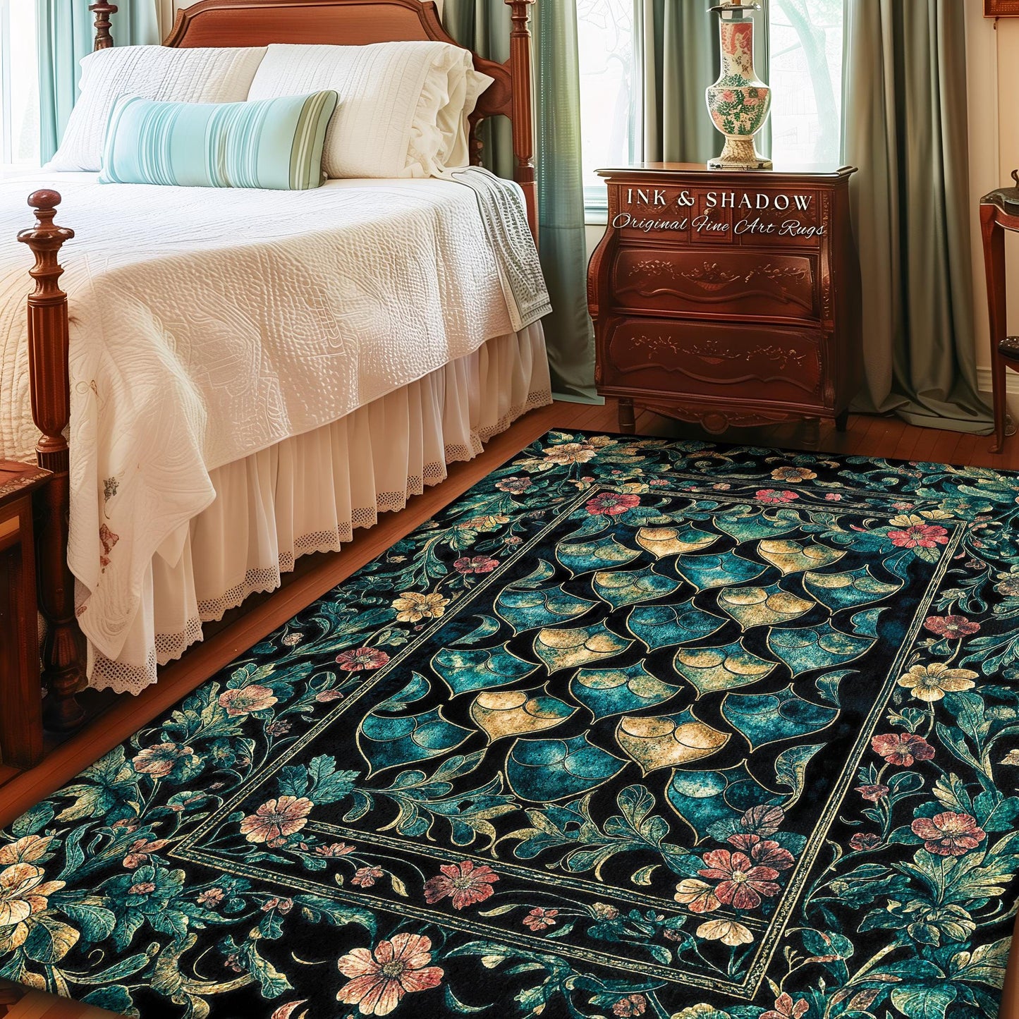 Gothic Teal Dragon Scale Area Rug | Ethereal Aesthetic Fairycore Elegance Home Accent Rug Mystic Storybook Dark Academia Bedroom Moody Decor