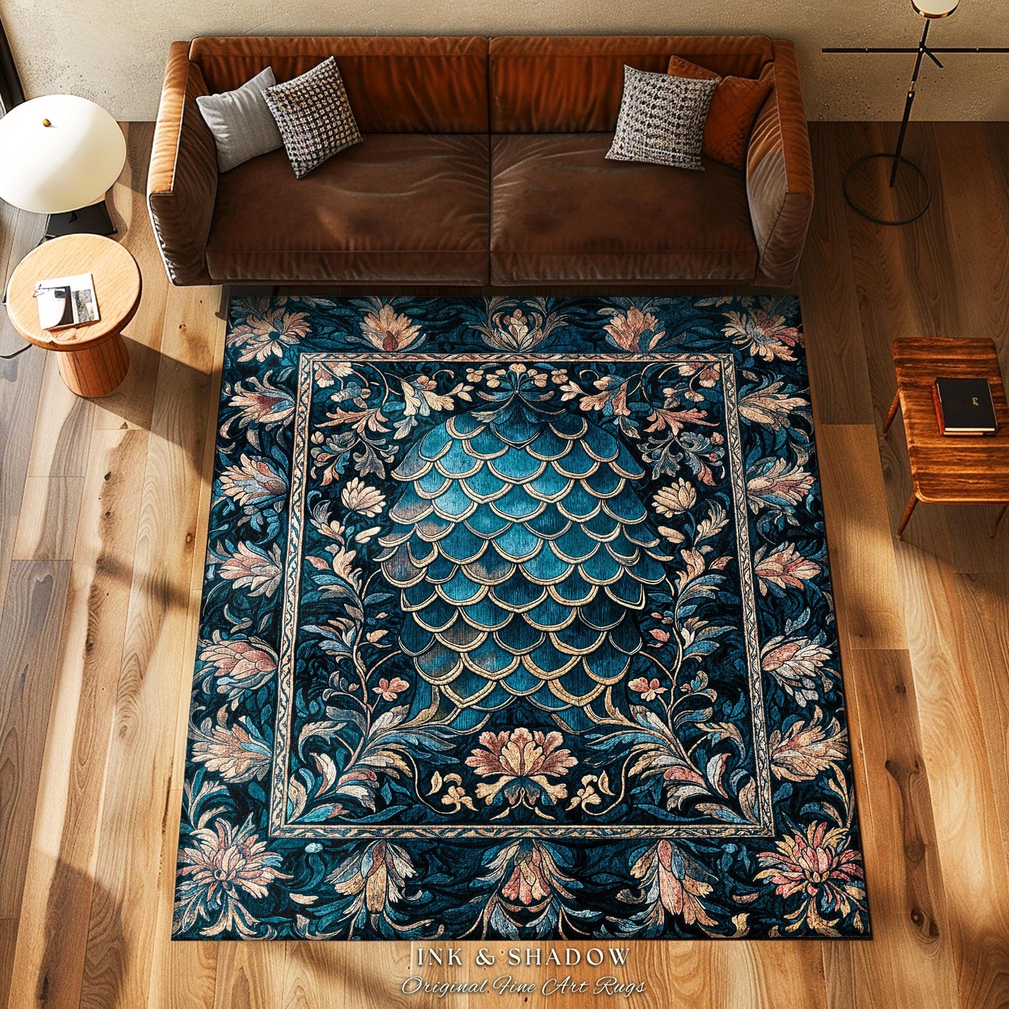 Midnight Navy Royal Accent Rug | Dragon Scale Art Deco Eclectic Ornate Bedroom Area Rug Dark Academia Maximalist Floral Fantasy Aesthetic |