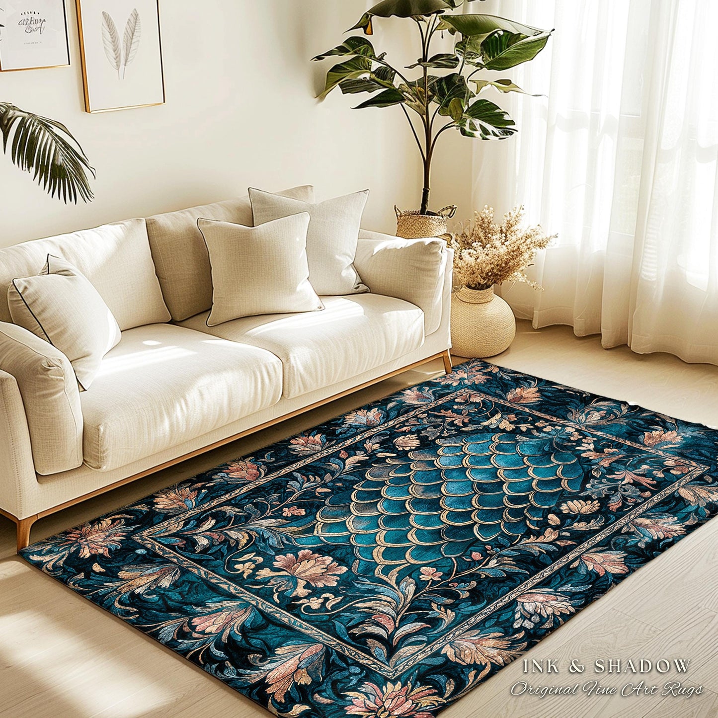 Midnight Navy Royal Accent Rug | Dragon Scale Art Deco Eclectic Ornate Bedroom Area Rug Dark Academia Maximalist Floral Fantasy Aesthetic |