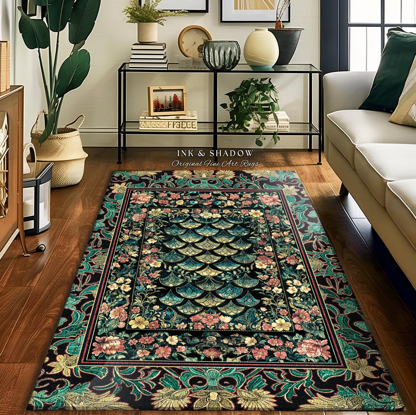 Maximalist Floral Eclectic Area Rug | Princesscore Royal Home Accent Rug Ethereal Pastel Storybook Medieval Magic Victorian Dragon Scales |