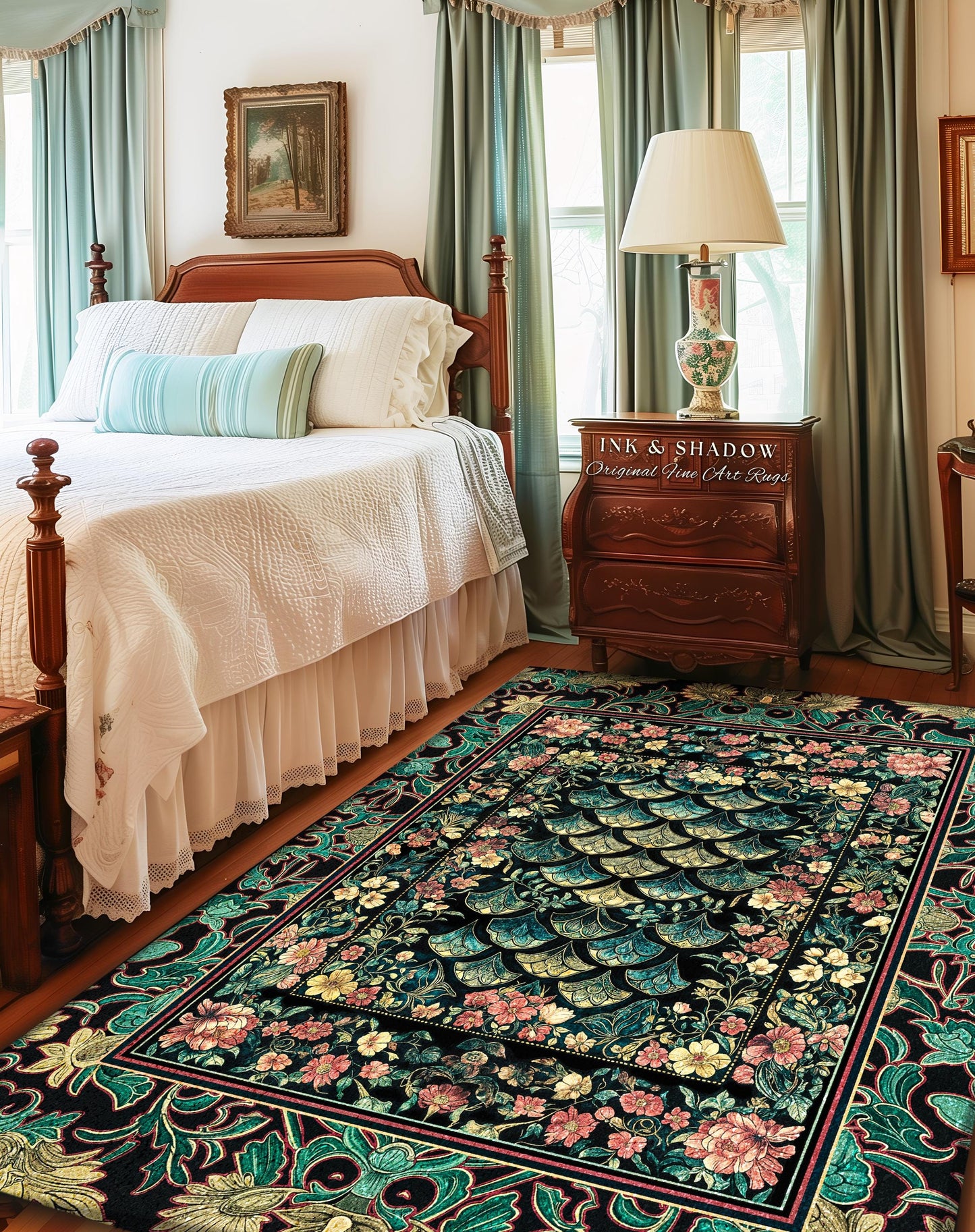 Maximalist Floral Eclectic Area Rug | Princesscore Royal Home Accent Rug Ethereal Pastel Storybook Medieval Magic Victorian Dragon Scales |