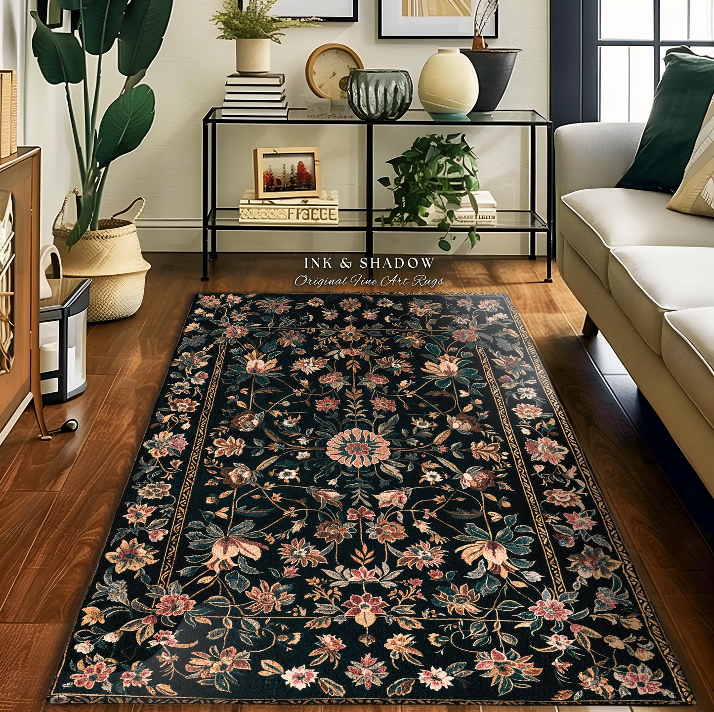 Enchanted Garden Floral Folk Art Rug, Romantic Dark Cottagecore Decor Victorian Aesthetic Fairytale Bedroom Art Accent Whimsical Rustic Home