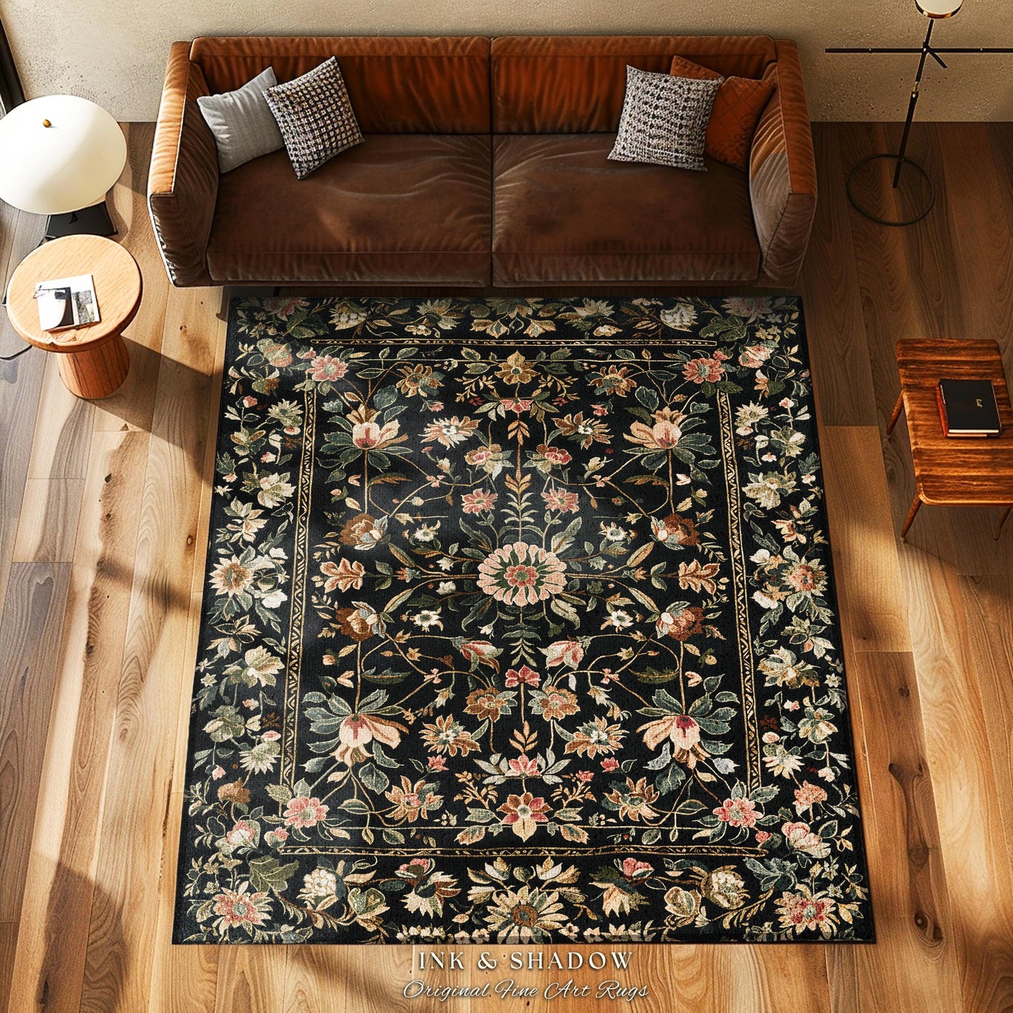 Victorian Folk Art Floral Rose Garden Rug | Dark Cottagecore Fairytale Decor Romantic Rustic Living Room Whimsical Vintage Aesthetic Accent