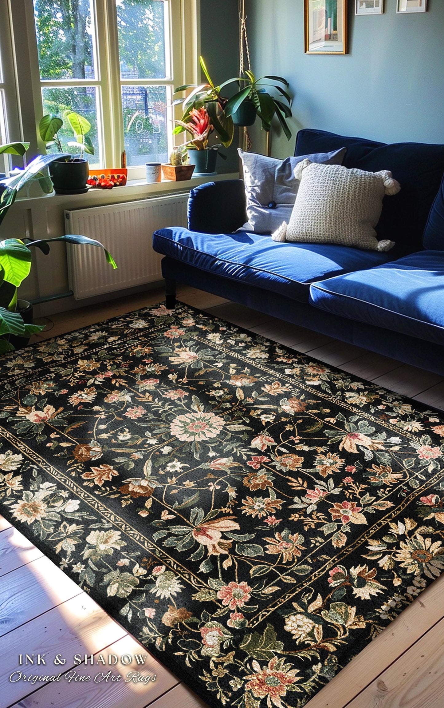 Victorian Folk Art Floral Rose Garden Rug | Dark Cottagecore Fairytale Decor Romantic Rustic Living Room Whimsical Vintage Aesthetic Accent