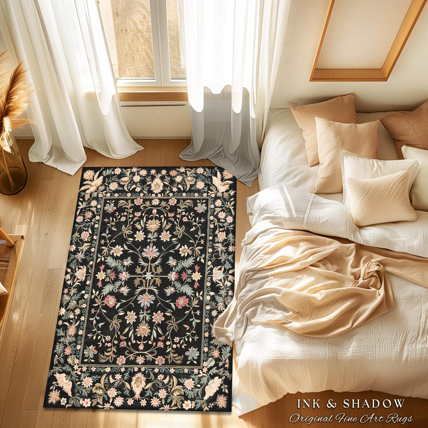 Ornate Baroque Pastel Florals Rug | Rococo Inspired Romantic Decor Vintage Botanical Aesthetic Cottagecore Bedroom Whimsical Elegant Accent