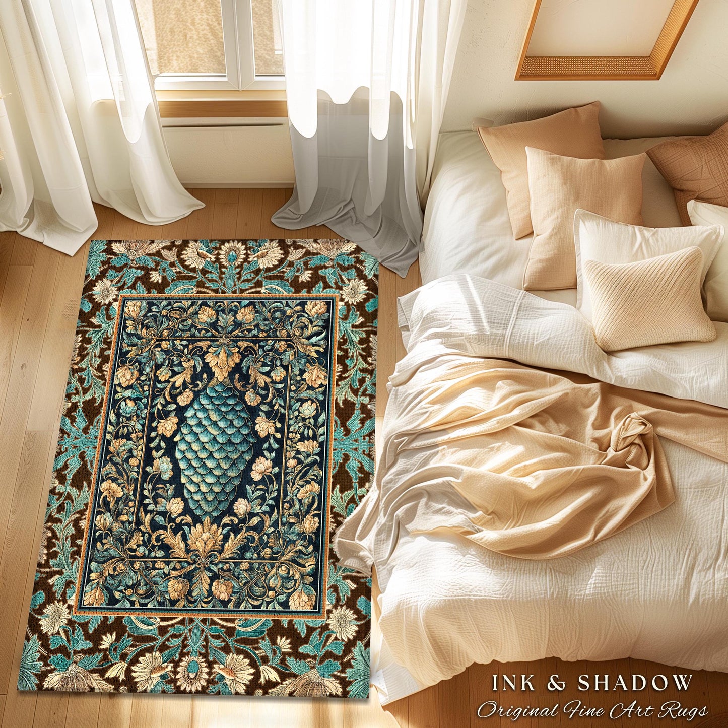 Soft Teal Castlecore Area Rug | Fairy Pastel Ornate Gothic Dragon Scale Fantasy Home Accent Rug Rustic Knightcore Medieval Victorian Decor |