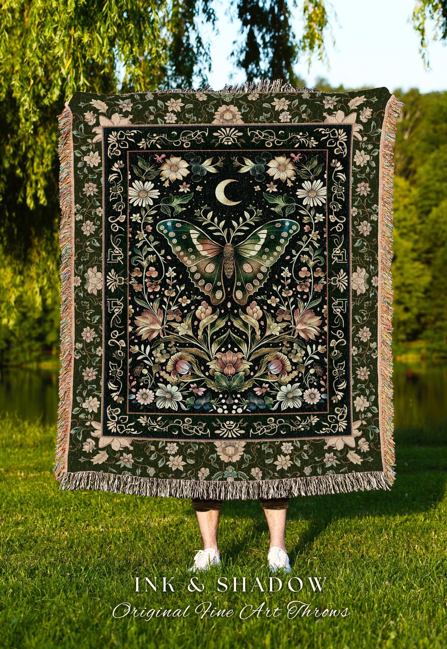 Woodland Gothic Botanical Moth Blanket Witchy Dark Academia Aesthetic Room Decor | Whimsical Green Cottagecore Butterfly Moth Tapestry Throw