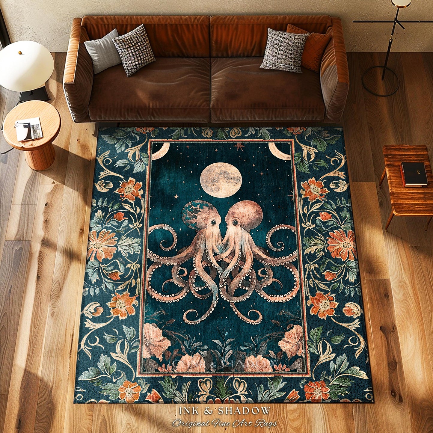 Moonlit Ocean Aesthetic Octopus Rug | Underwater Theme Ocean Aesthetic Eclectic Oddities Whimsical Area Rug Magical Ethereal Sea Life Accent
