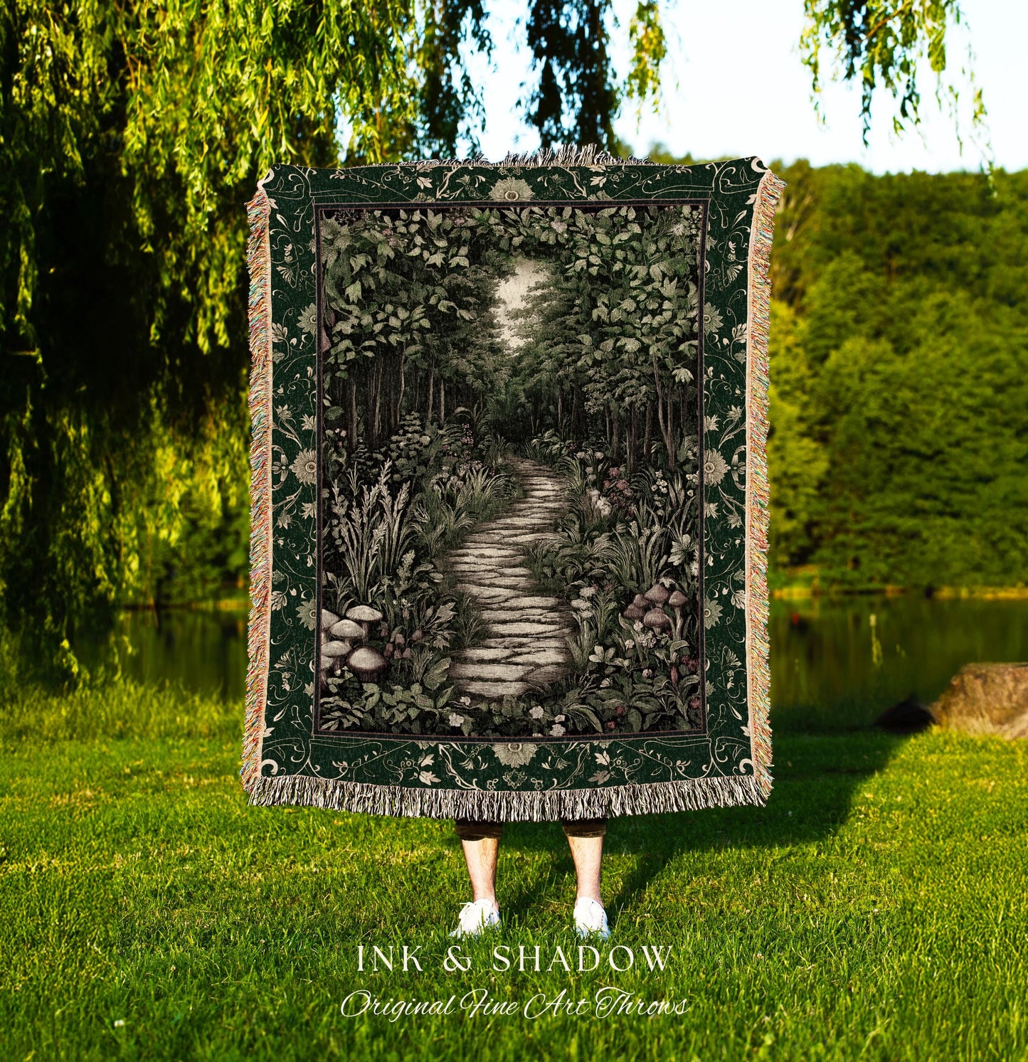 Ethereal Woodland Meadow Tapestry | Dark Academia Folklore Fairy Core Aesthetic Blanket Magical Bedroom Emerald Green Home Decor Botanical