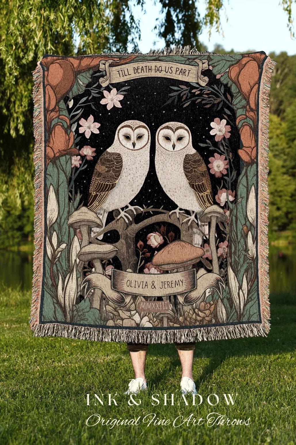 Owl Couple Anniversary Blanket | Woodland Wedding Gothic Owl Blanket Cute Couples Tapestry Personalized Mr & Mrs Anniversary Blanket Woven |