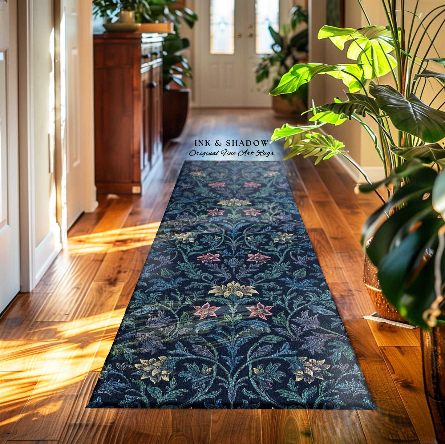 Baroque Florals Ornate Floral Rug | Victorian Revivalist Ethereal Timeless Accent Rug Dark Floral Indigo Blue Royal Cottagecore Elegance |