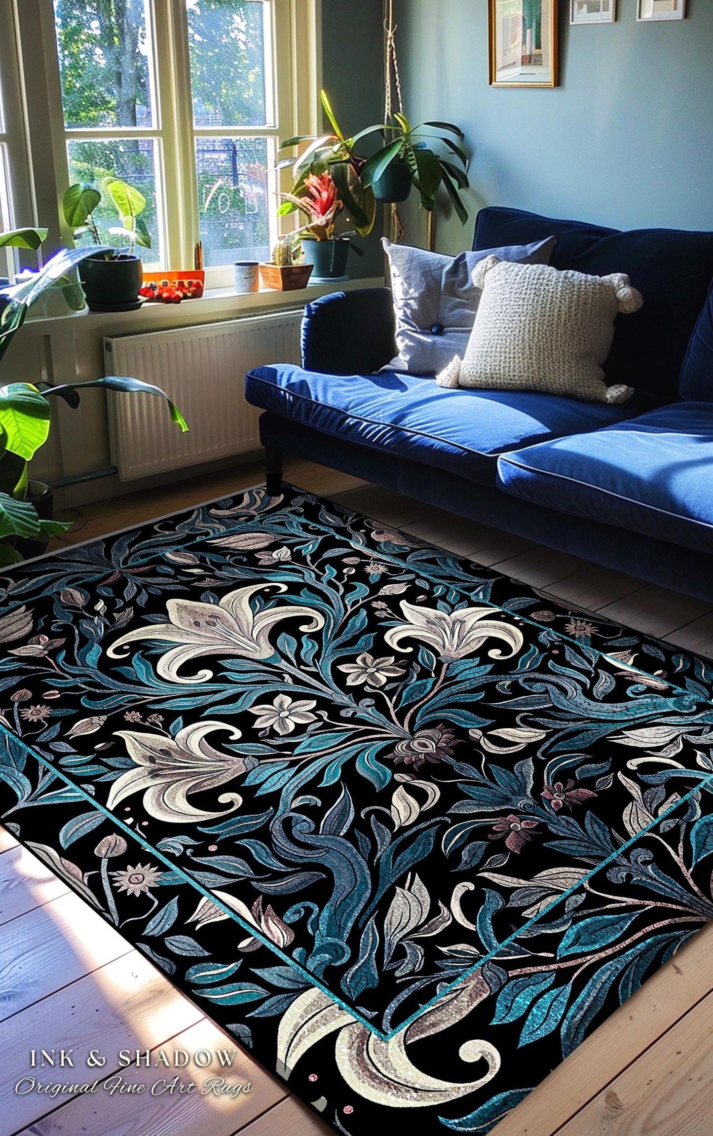 Victorian Gothic Lily Flower Runner Jewel Tones Entryway Rug, Indigo Blue Art Nouveau Floral Home Decor Whimsical Botanical Statement Piece