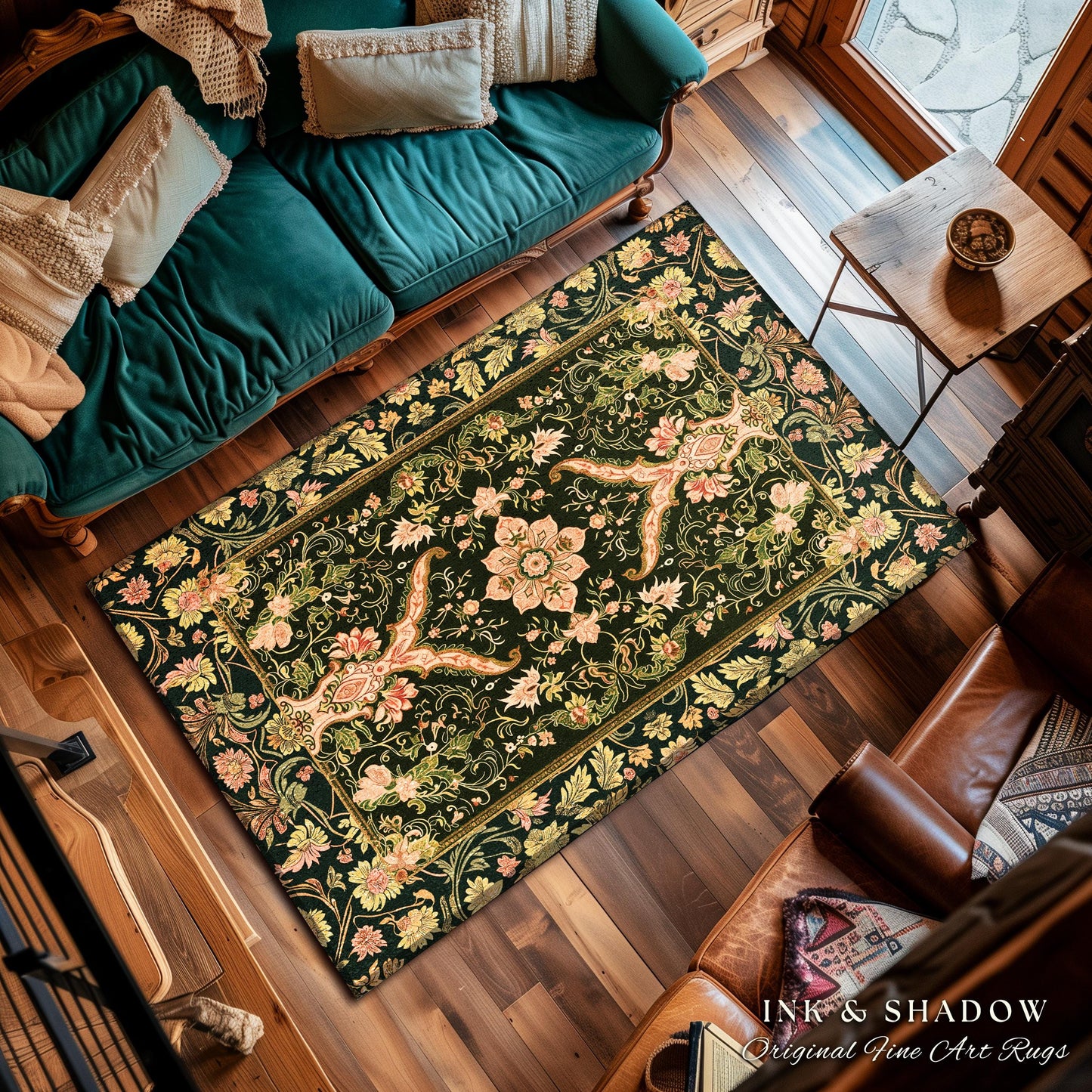 Baroque Elegance Ornate Accent Rug | Whimsical Bohemian Area Rug Classical Ornamental Style Victorian Floral Elegance Art Deco Bedroom Boho