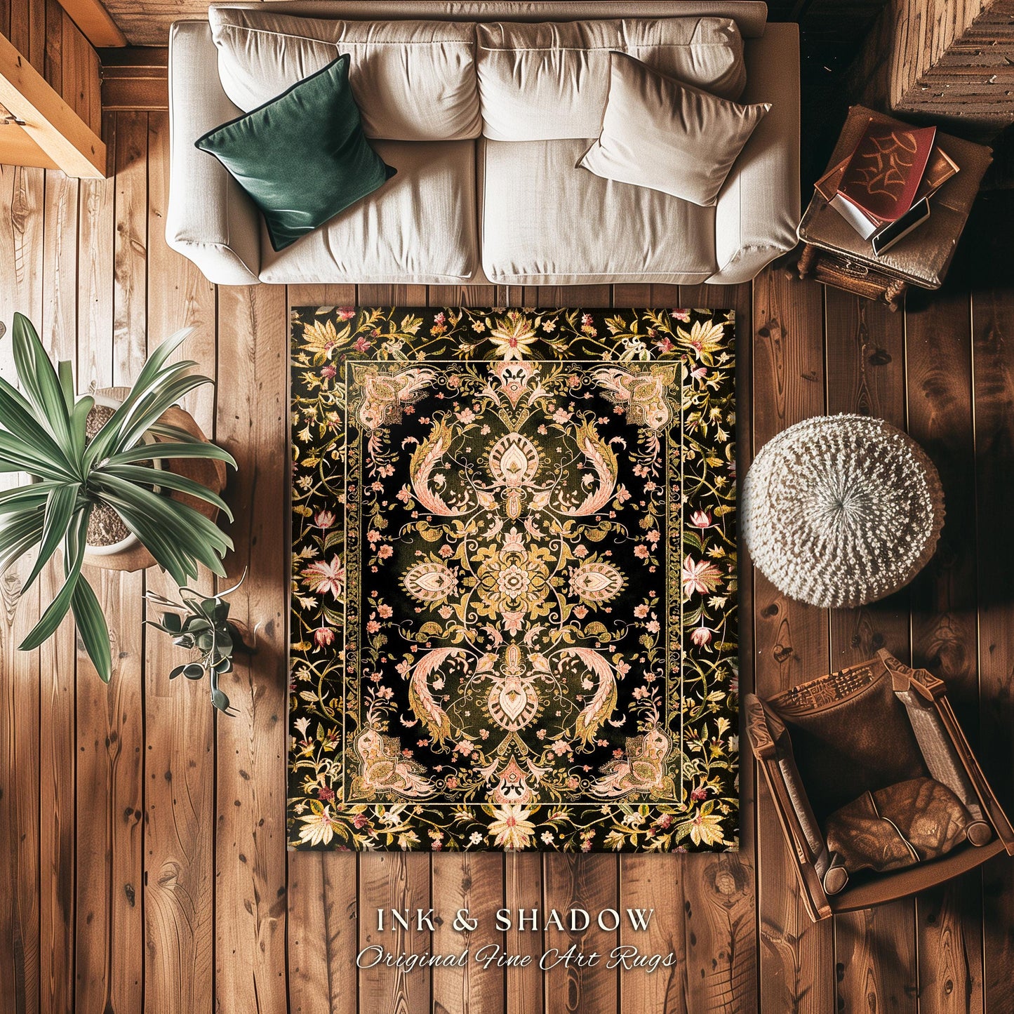 Modern Royal Aesthetic Area Rug | Ethereal Florals Pastel Whimsical Cottagecore Trendy Dark Academia Home Accent Rug Bohemian Retro Art Deco