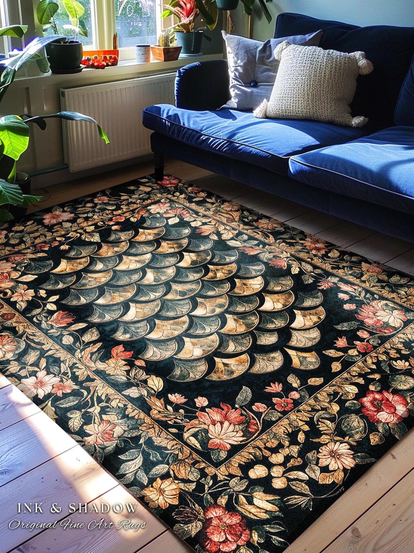 Dark Floral Nordic Inspired Accent Rug | Pink Botanical Fairytale Area Rug Woodland Ethereal Dragon Scales Medieval Aesthetic Fairycore |