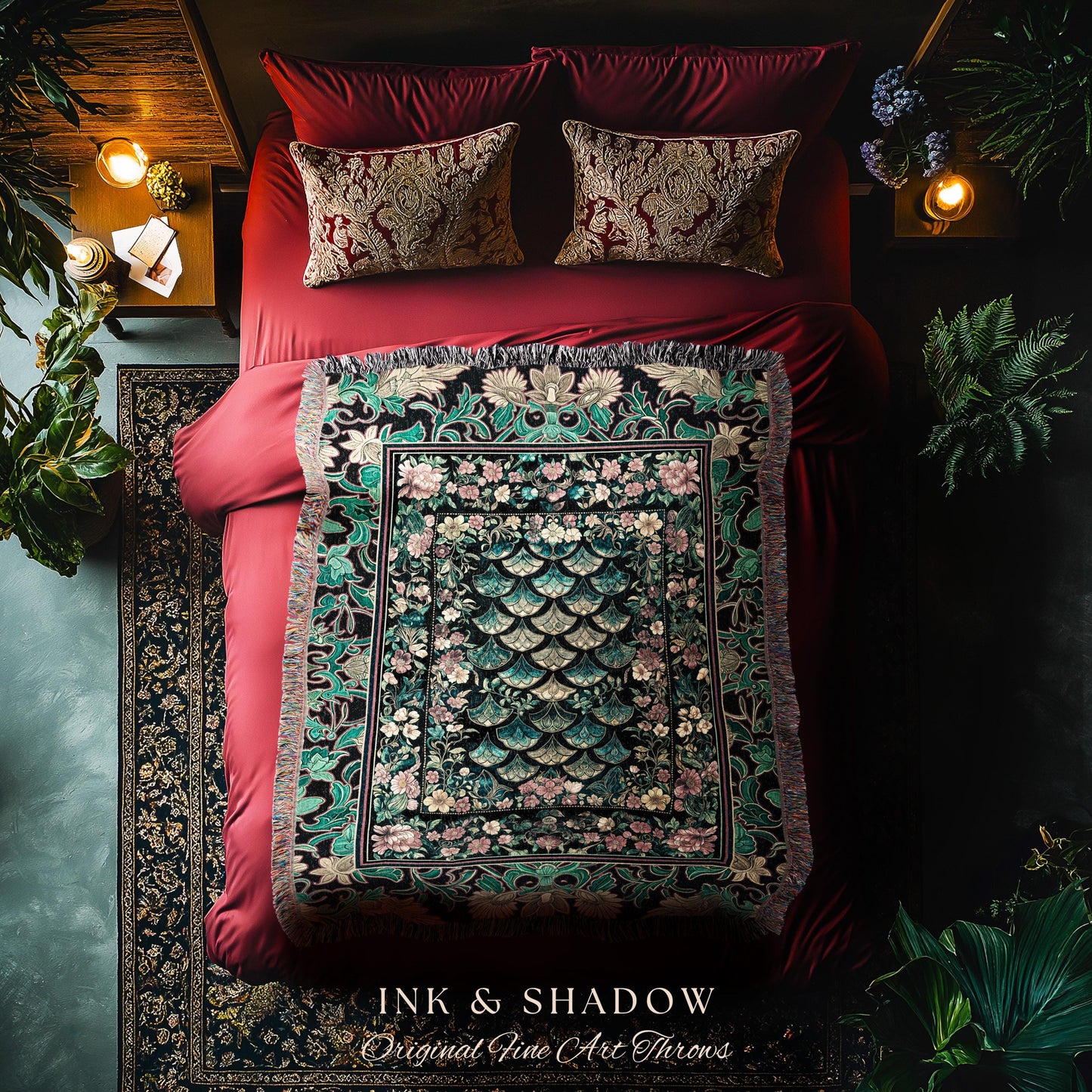 Maximalist Floral Eclectic Throw Blanket | Princesscore Royal Wall Tapestry Ethereal Pastel Storybook Medieval Magic Victorian Dragon Scales