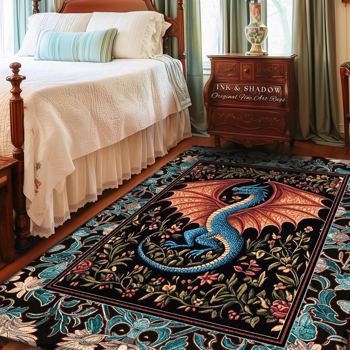 Medieval Florals Mystic Dragon Rug | Magical Beasts Middle Ages Storybook Theme Mythical Woodland Whimsy Fairycore Bedroom Baroque Fantasy