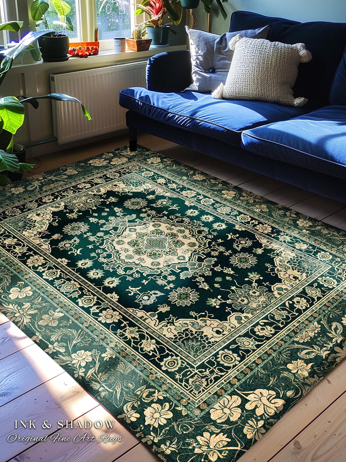 Victorian Gothic Bedroom Rug | Reading Nook Cozy Floor Rug Ornate Statement Rug with Blue Green Detail Cottagecore Dark Academia Aesthetic