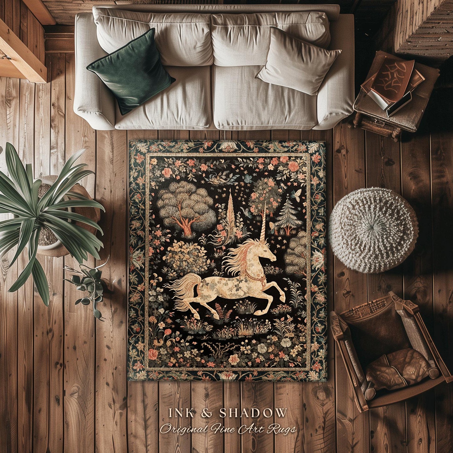 Fairy Grunge Unicorn Rug | Folklore Aesthetic Nursery Decor Morris Style Cottagecore Woodland Fairycore Mystical Throw Ethereal Unicorn Art