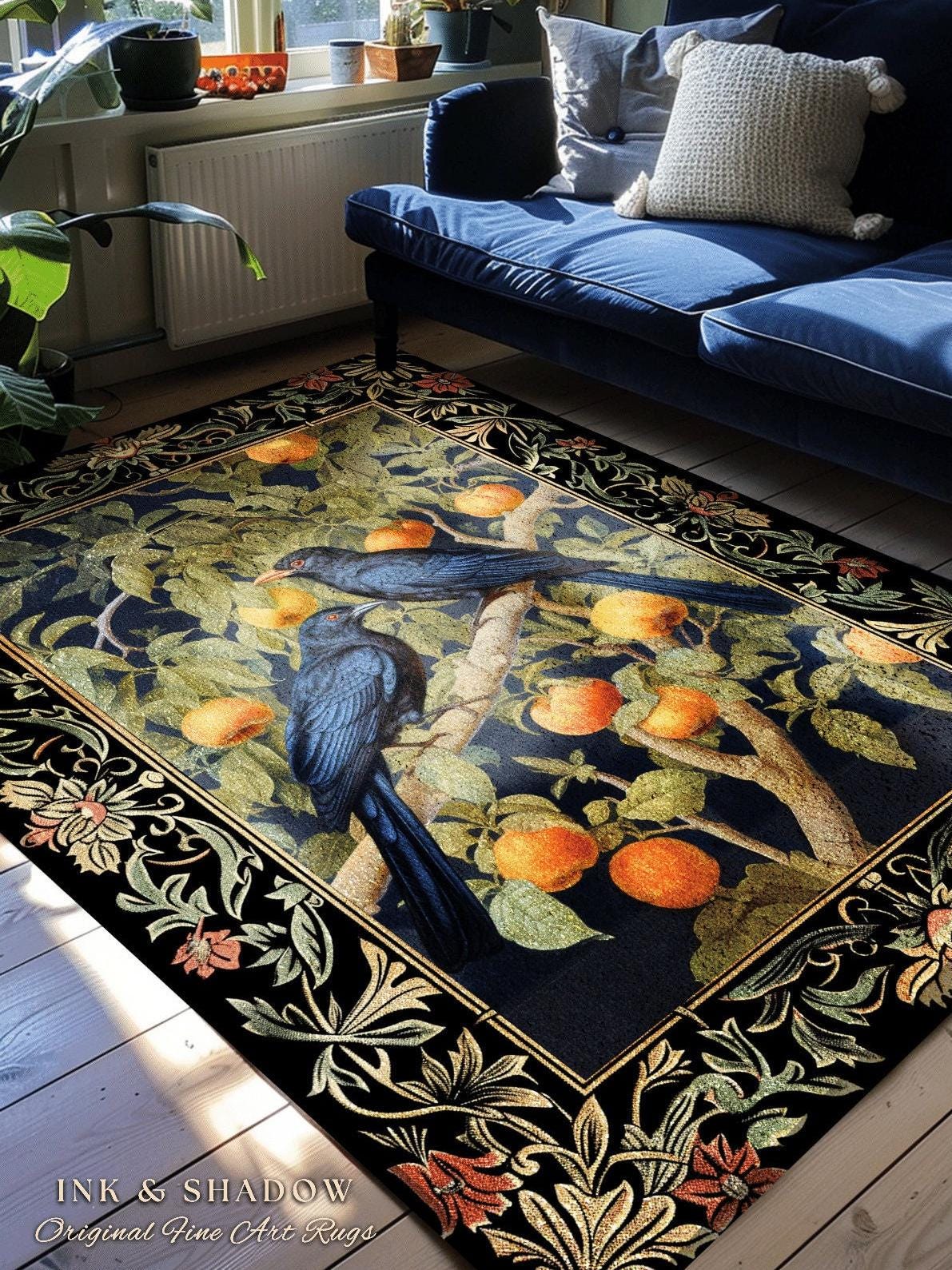 Woodland Gothic Raven Rug Crowcore Home Decor | Cottagegoth Moody Botanical Bird Art Dark Cottagecore Vintage Aesthetic Fairycore Fall Decor