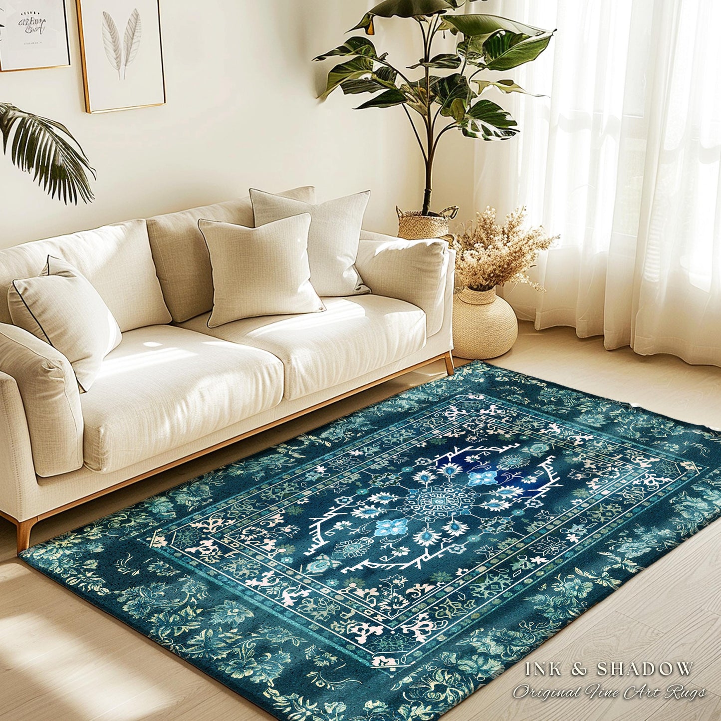Deep Sea Green Room Accent Rug | Classic Ornate Statement Rug With Blue Green Detail Bohemian Mandala Aesthetic For Cozy Hippie Room Boho |