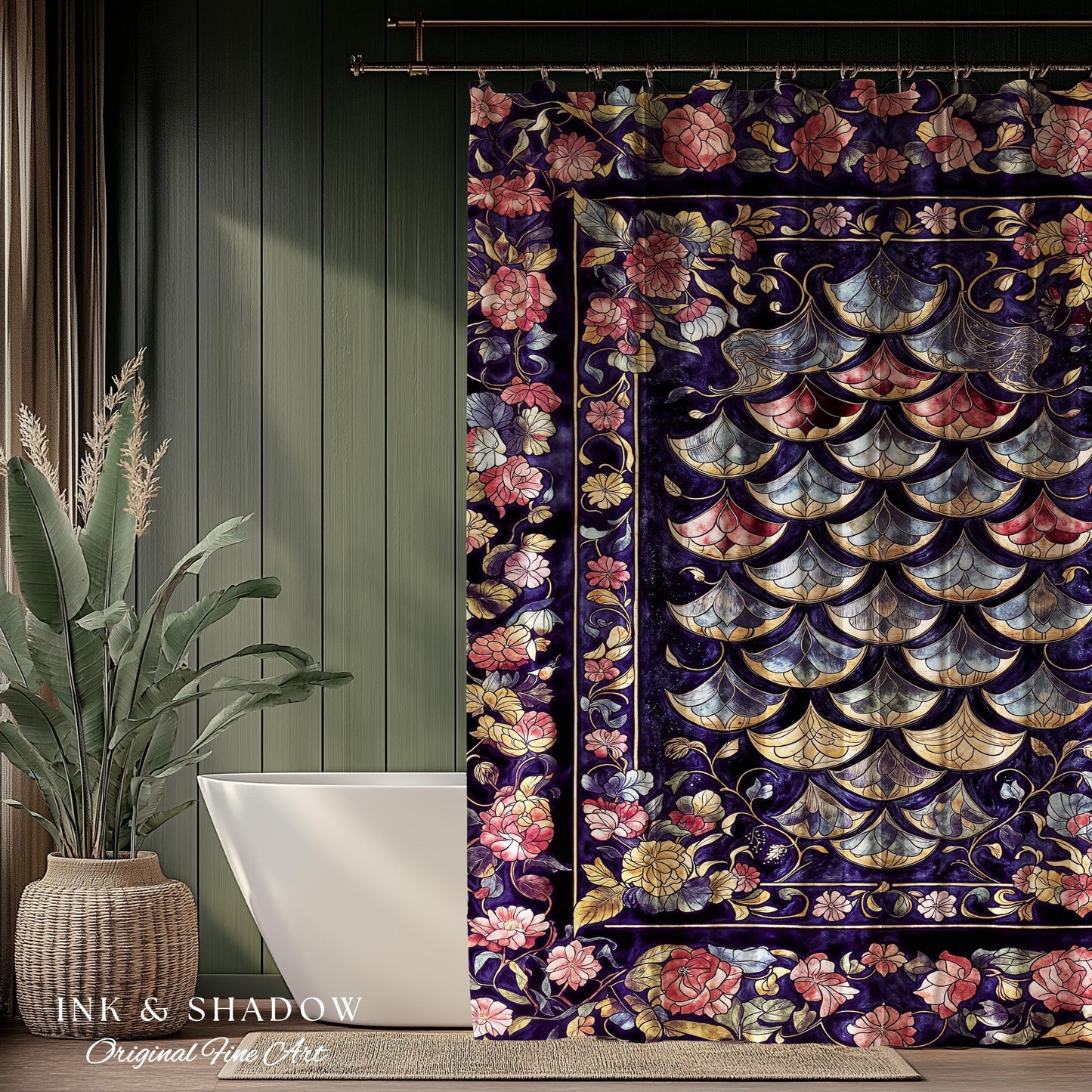 Princesscore Royal Ornate Shower Curtain | Whimsical Floral Fairytale Bathroom Dark Storybook Fairytale Dragon Scale Medieval Folklore Art