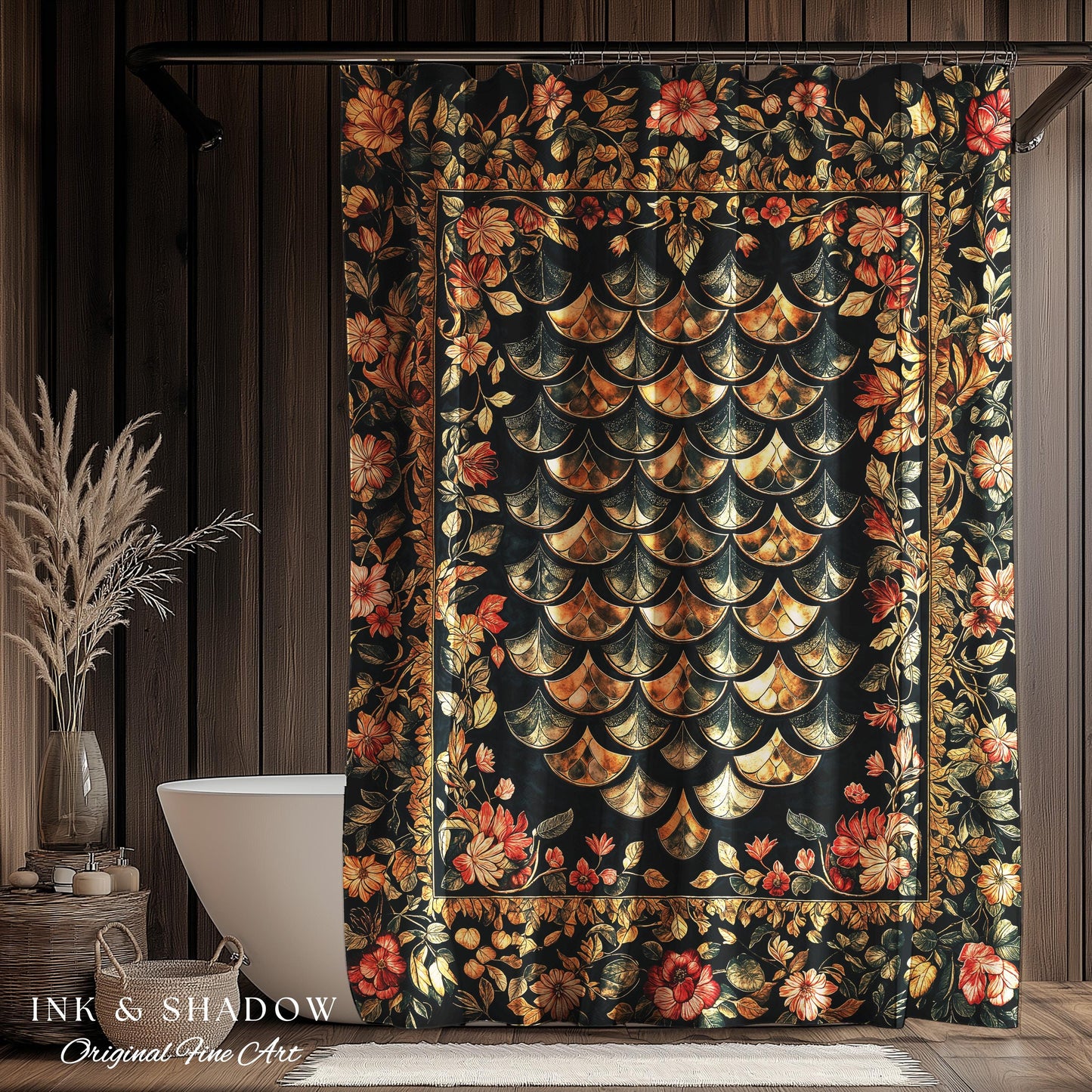 Dark Floral Nordic Inspired Shower Curtain | Pink Botanical Fairytale Bathroom Decor Woodland Ethereal Dragon Scales Medieval Aesthetic Art