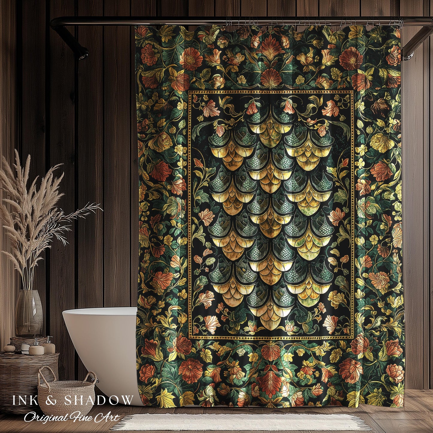 Moody Mysticism Dragon Scale Shower Curtain | Dark Cottagecore Magical Medieval Bathroom Ornate Victorian Fantasy Aesthetic Book Nook Style
