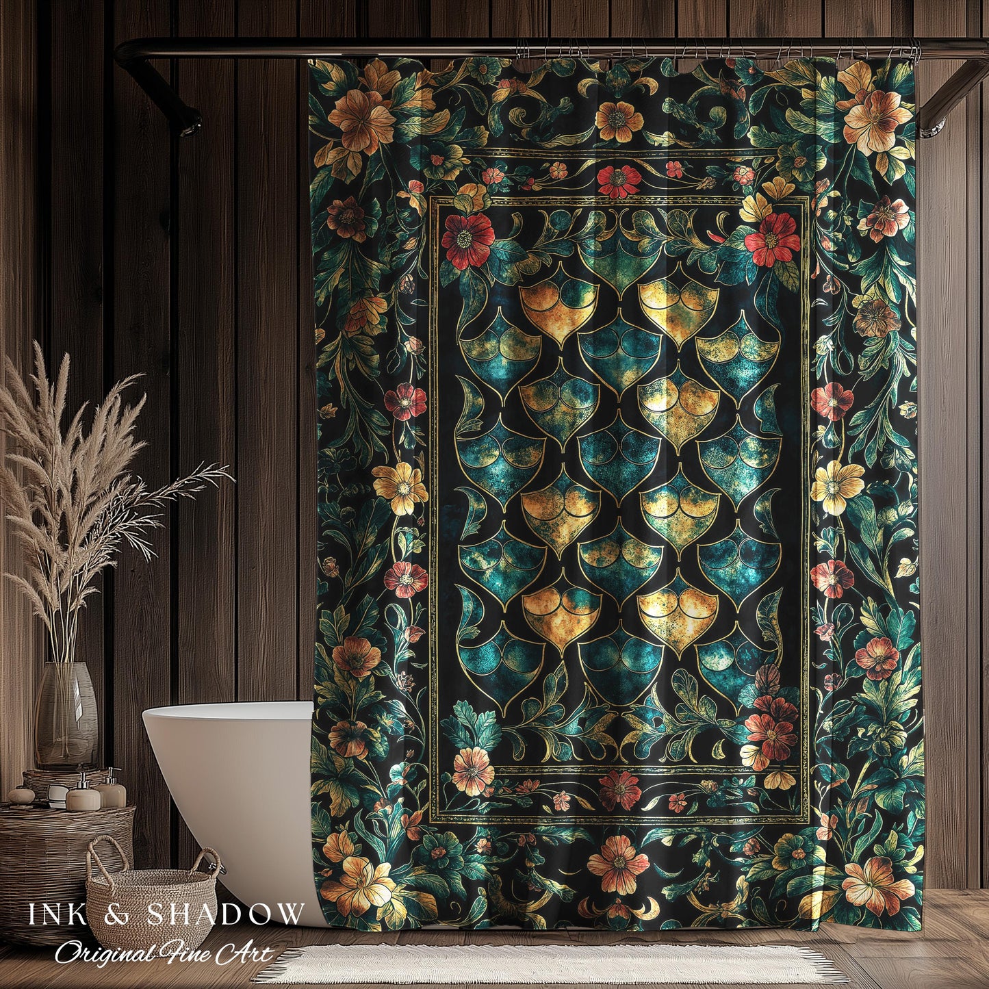 Gothic Teal Dragon Scale Shower Curtain | Ethereal Aesthetic Fairycore Elegance Mystic Storybook Dark Academia Bathroom Moody Cottagecore |