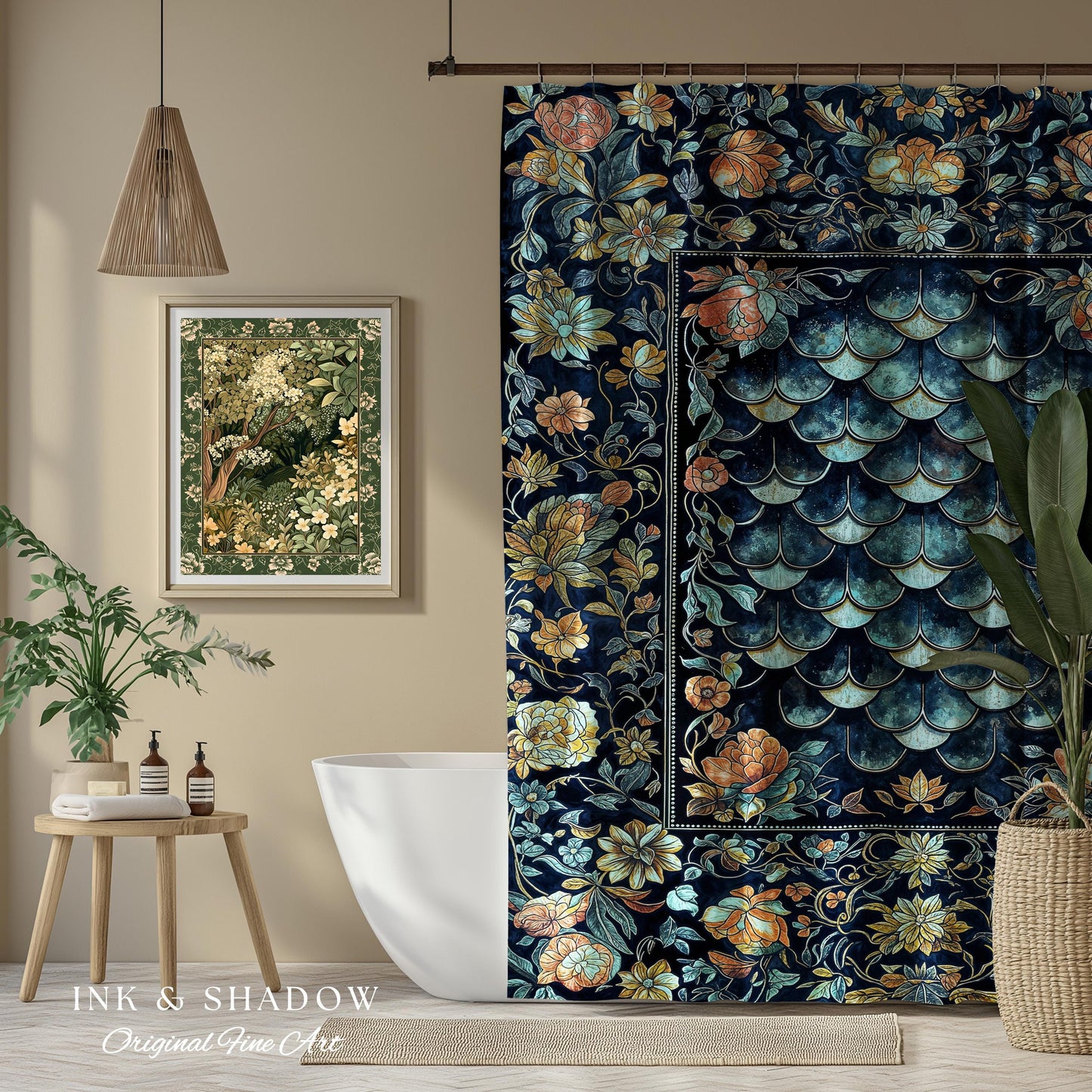 Dreamy Botanicals Dragon Scale Shower Curtain | Dark Academia Aesthetic Fairytale Bathroom Cottagecore Ocean Blue Decor Whimsical Gothic |