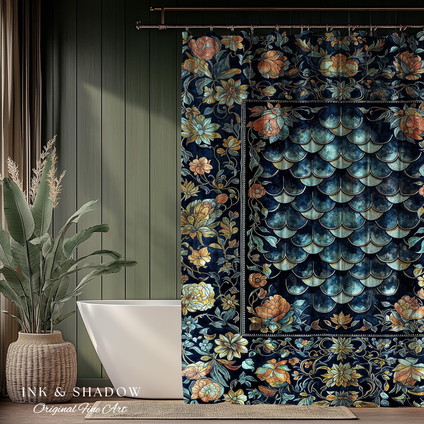 Dreamy Botanicals Dragon Scale Shower Curtain | Dark Academia Aesthetic Fairytale Bathroom Cottagecore Ocean Blue Decor Whimsical Gothic |