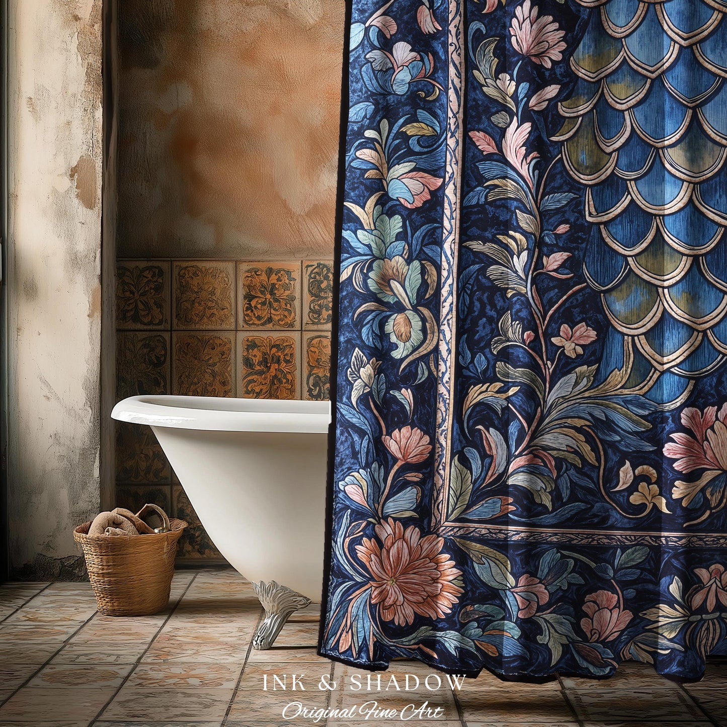 Mystic Academia Dragon Scale Shower Curtain | Whimsigothic Elegance Ornate Baroque Navy Blue Bathroom Fairytale Floral Home Decor Gothic |
