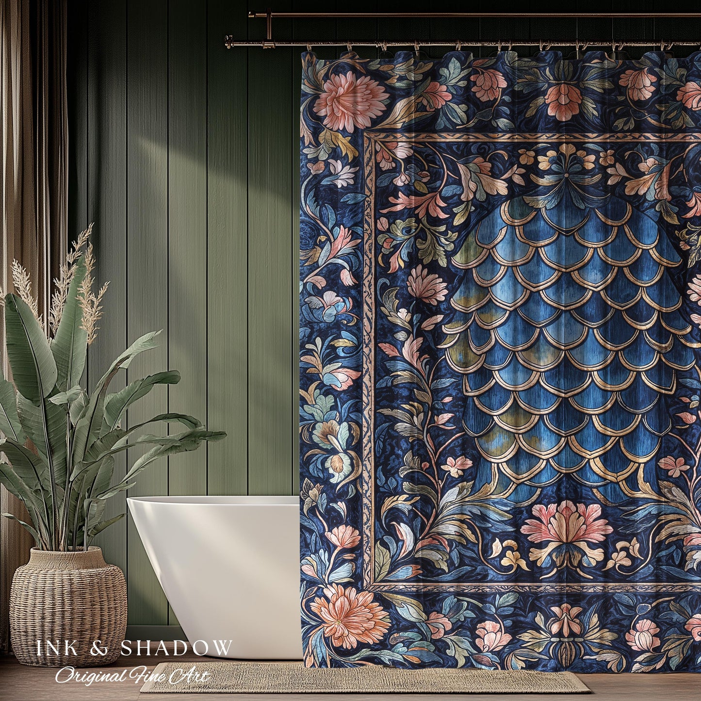 Mystic Academia Dragon Scale Shower Curtain | Whimsigothic Elegance Ornate Baroque Navy Blue Bathroom Fairytale Floral Home Decor Gothic |